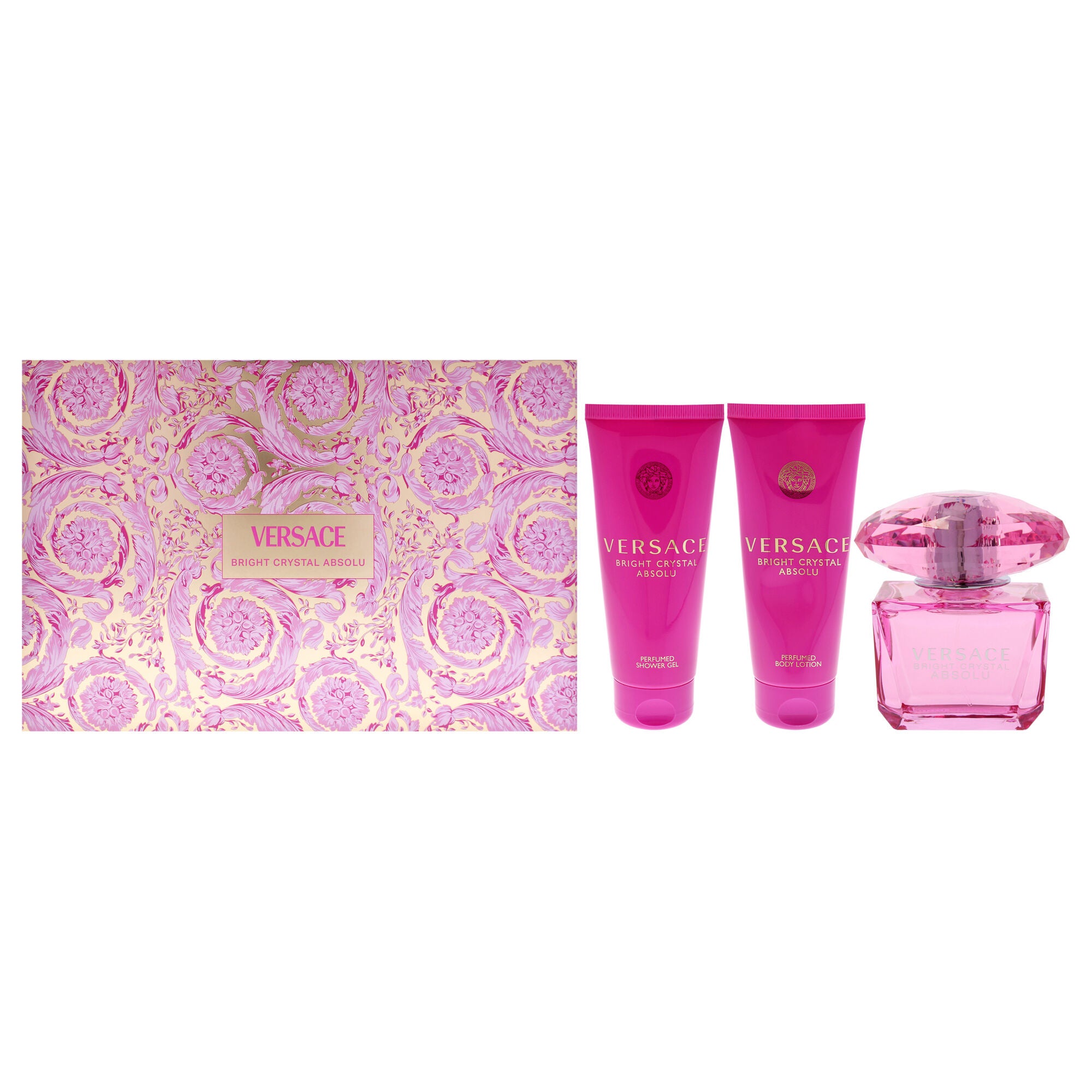 Versace Bright Crystal Absolu by Versace for Women - 4 Pc Gift Set - 3oz EDP Spray, 3.4oz Shower Gel, 3.4oz Body Lotion, Bag - Black and Gold, See Description, hi-res image number 0