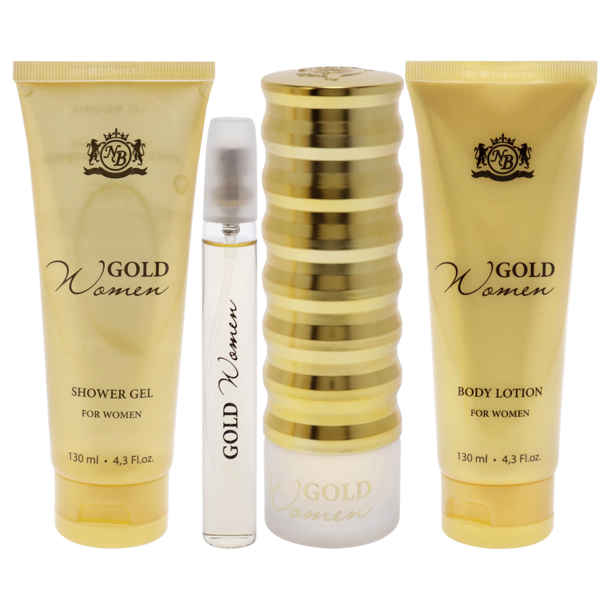 Gold by New Brand for Women - 4 Pc Gift Set 3.3oz EDP Spray, 0.5oz EDP Spray, 4.3oz Shower Gel, 4.3oz Body Lotion, Clear, alternate image number 1