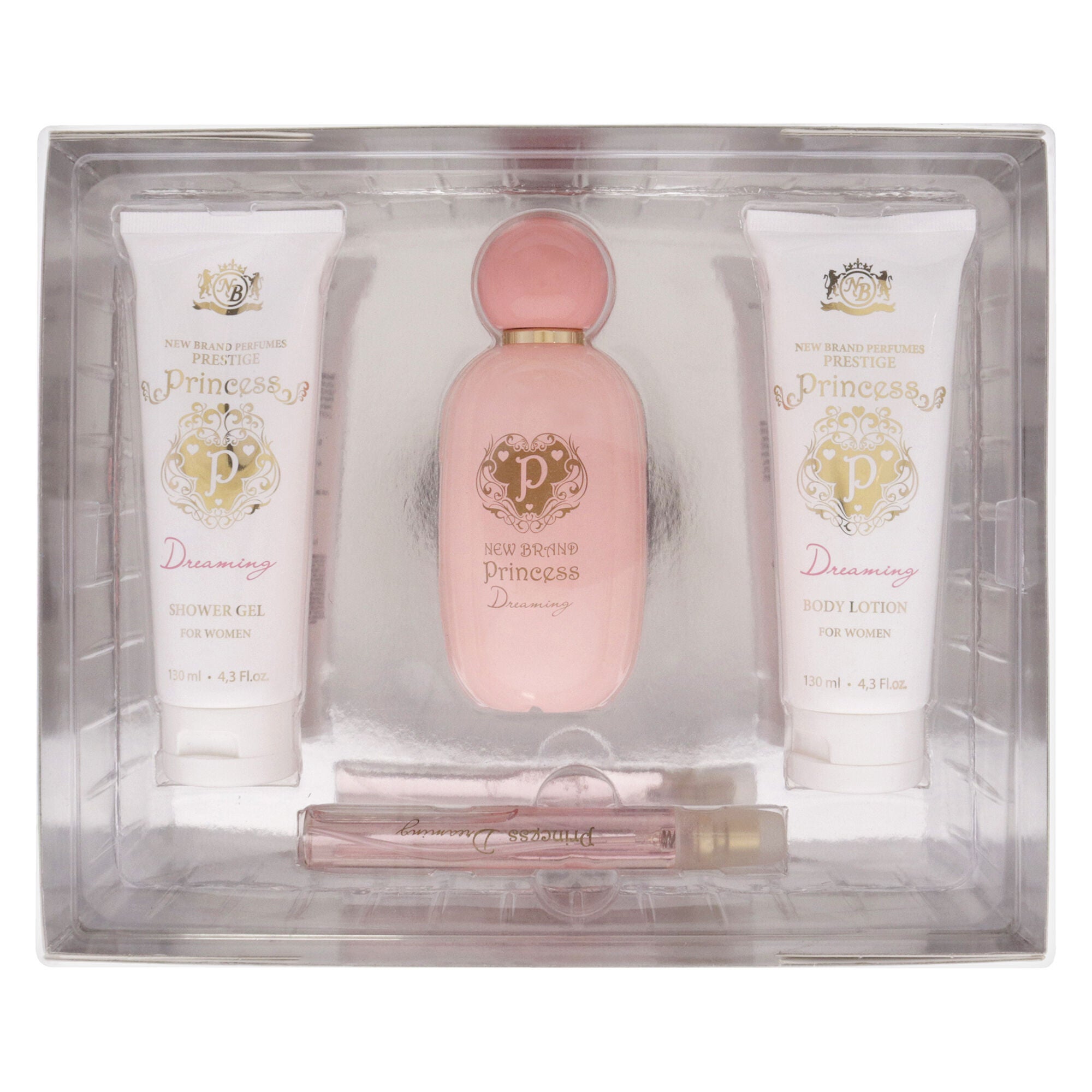 Prestige Princess Dreaming by New Brand for Women - 4 Pc Gift Set 3.3oz EDP Spray, 0.5oz EDP Spray, 4.3oz Shower Gel, 4.3oz Body Lotion, Clear, alternate image number 4