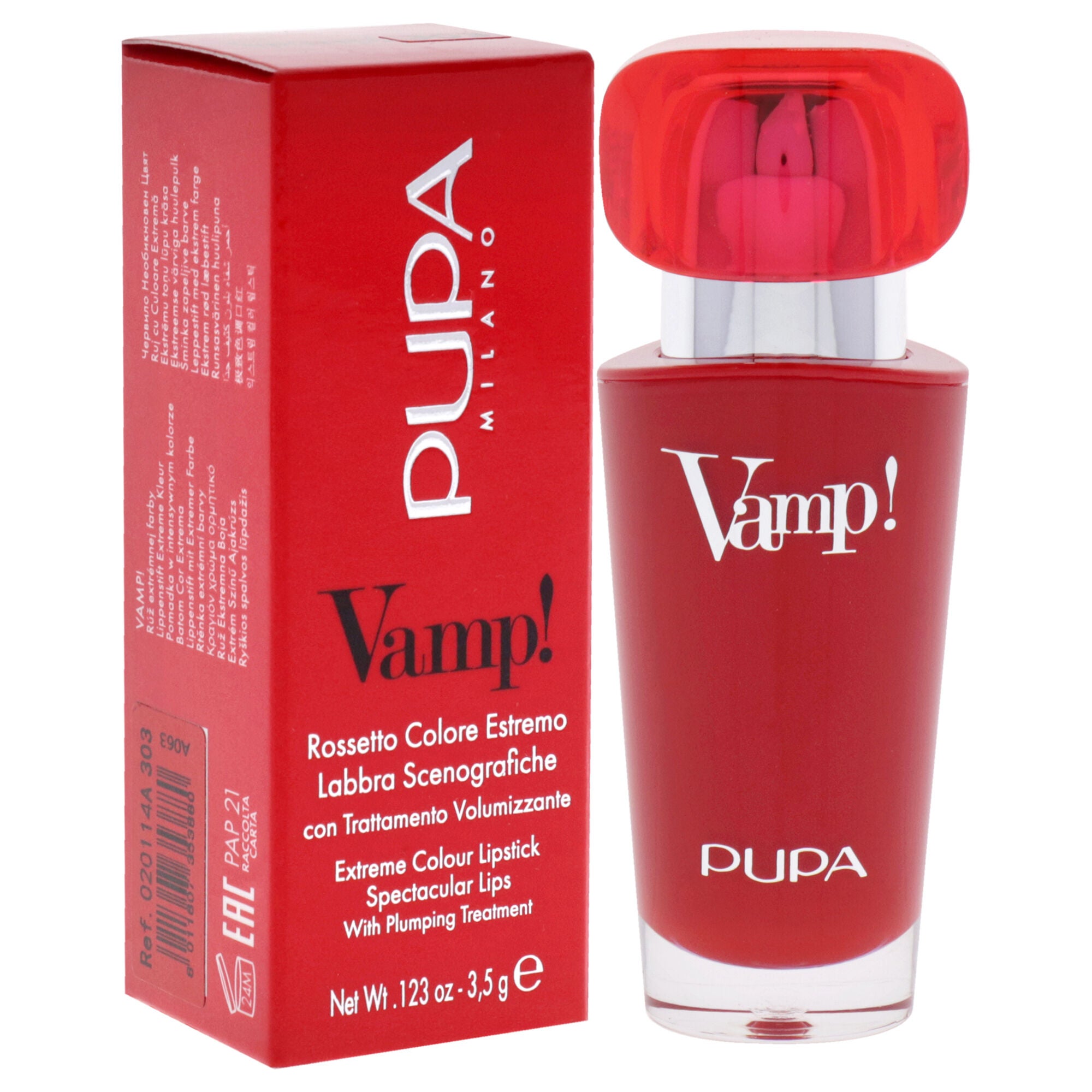 Vamp! Extreme Colour Lipstick with Plumping Treatment - 303 Iconic Red by Pupa Milano for Women - 0.123 oz Lipstick, , alternate image number 6