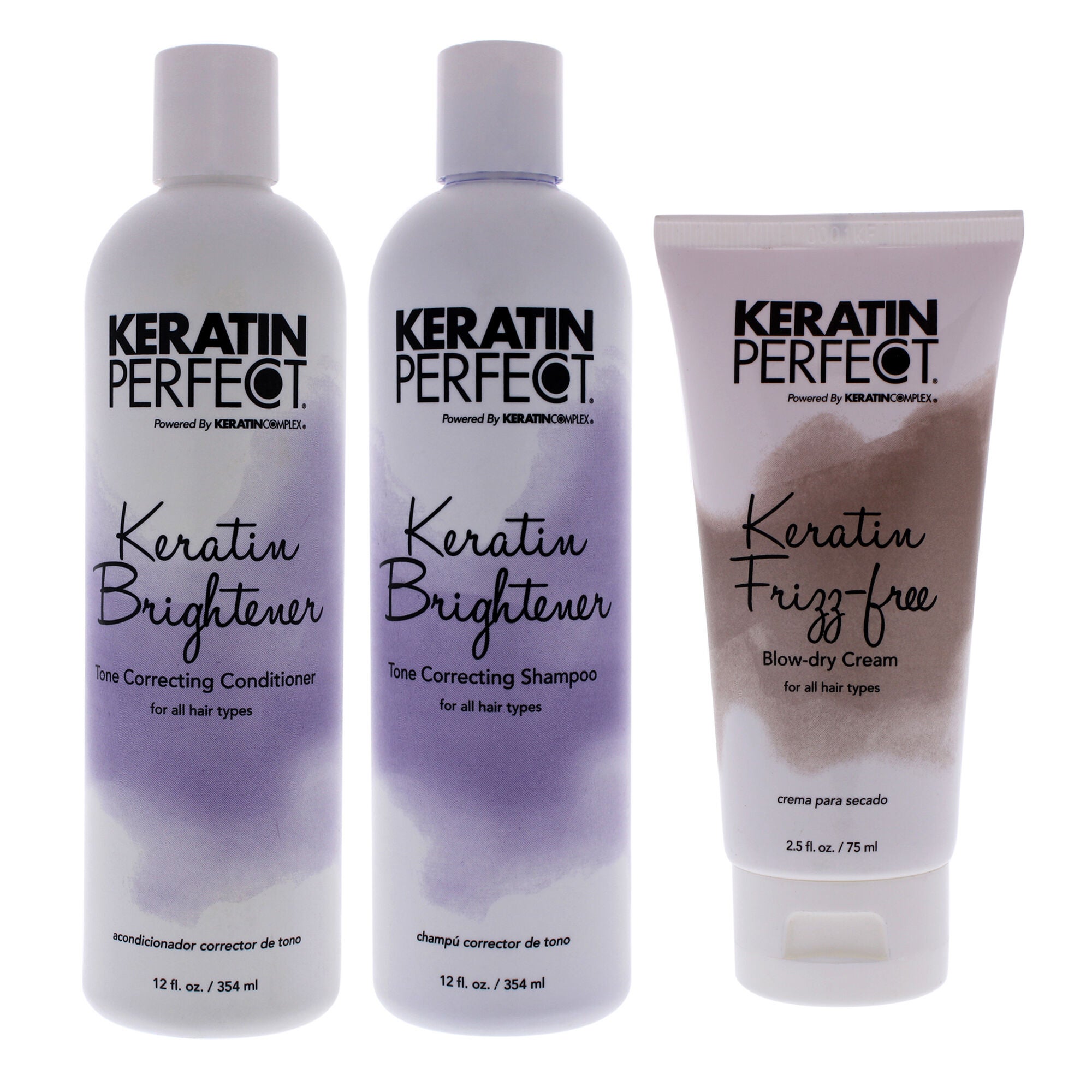 Keratin Brightener Kit by Keratin Perfect for Unisex - 3 Pc Kit 12oz Shampoo, 12oz Conditioner, 2.5oz Frizz-Free Bow Dry Cream, See Description, hi-res image number 0