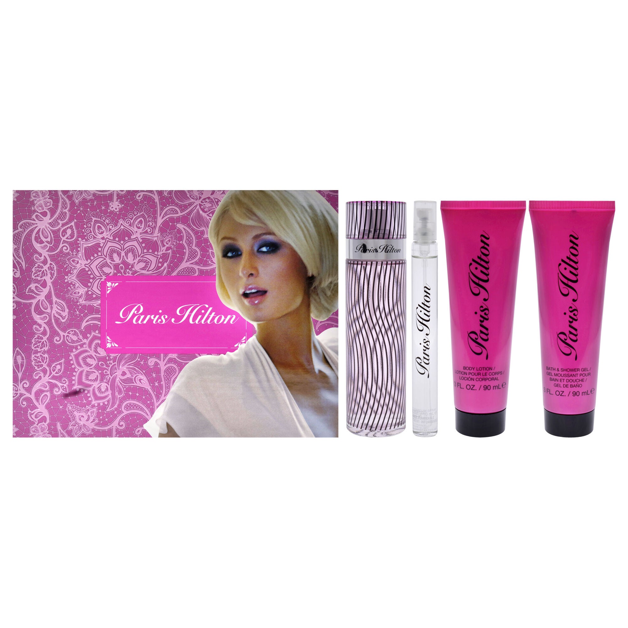 Paris Hilton by Paris Hilton for Women - 4 Pc Gift Set 3.4oz EDP Spray, 0.34oz EDP Spray, 3oz Body Lotion, 3oz Bath and Shower Gel, Clear, hi-res image number 0