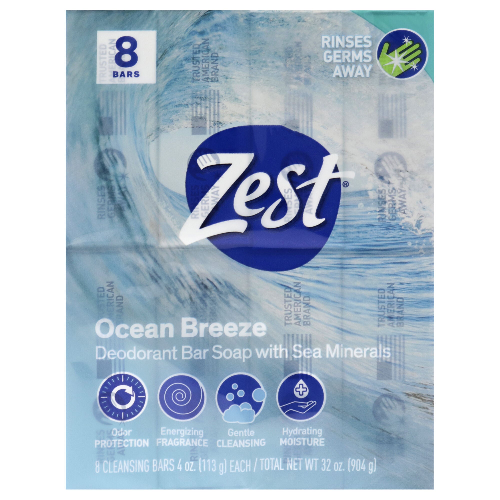 Deodorant Bar Soap - Ocean Breeze by Zest for Women - 8 x 4 oz Bar Soap, See Description, hi-res image number 0