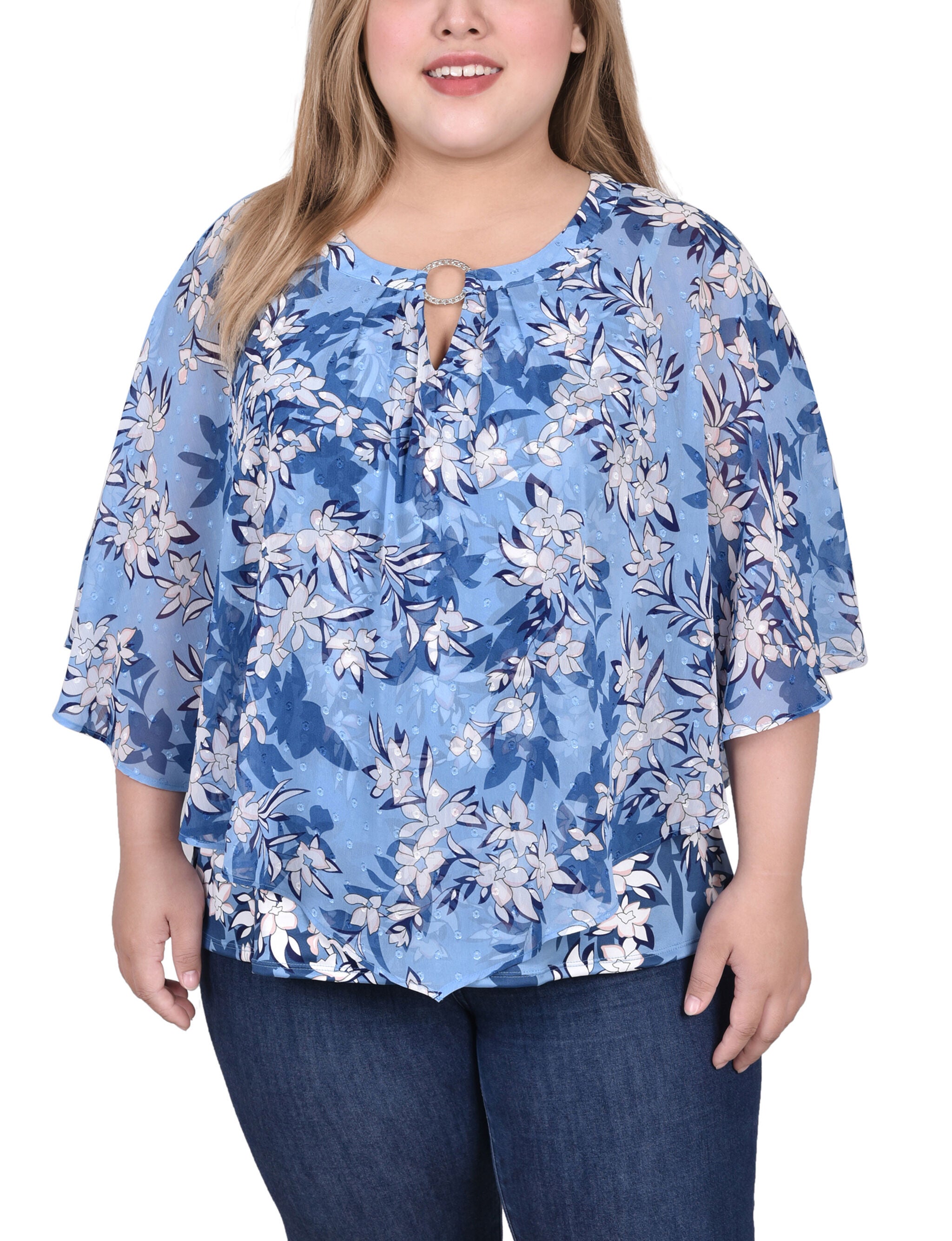 Chiffon Poncho Top With Ring, Light Blue White Floral, hi-res image number 0