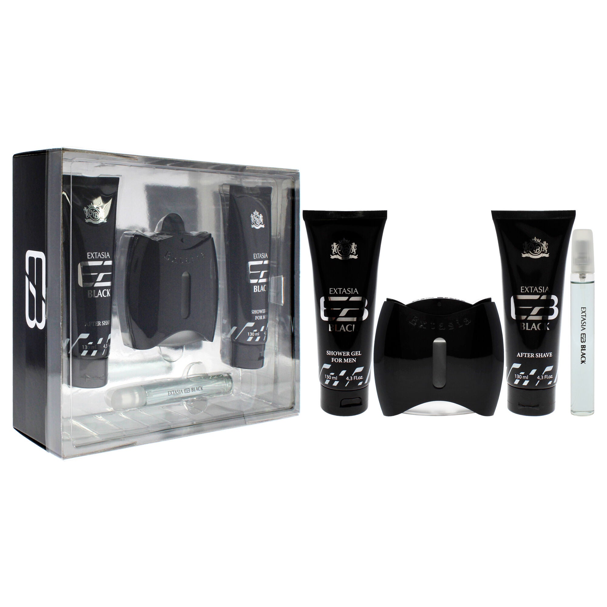 Prestige Extasia Black by New Brand for Men - 4 Pc Gift Set 3.3oz EDT Spray, 0.5oz EDT Spray, 4.3oz Shower Gel, 4.3oz After Shave, See Description, alternate image number 2