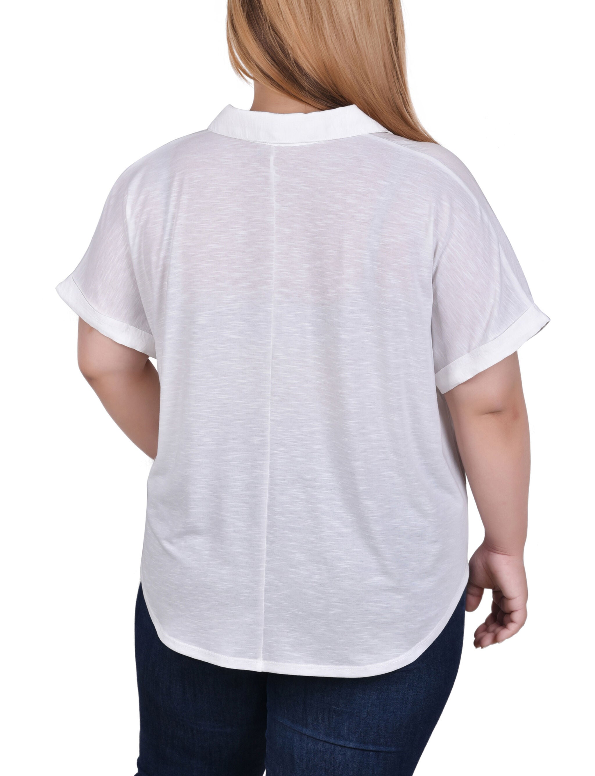 Short Sleeve Woven Front/Jersey Back Top, White, alternate image number 2