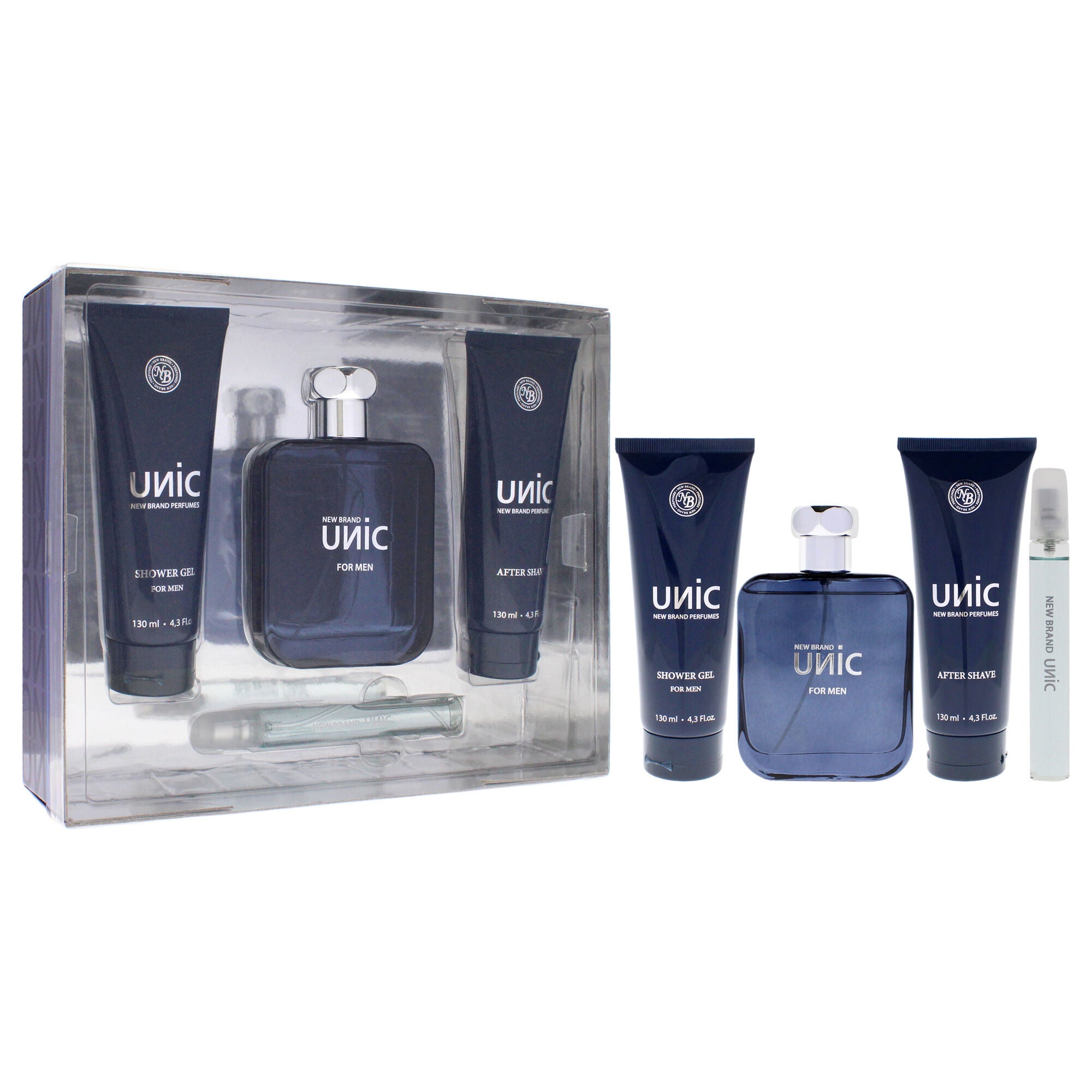 Unic by New Brand for Men - 4 Pc Gift Set 3.3oz EDT Spray, 0.5oz EDT Spray, 4.3oz Shower Gel, 4.3oz After Shave, See Description, alternate image number 2