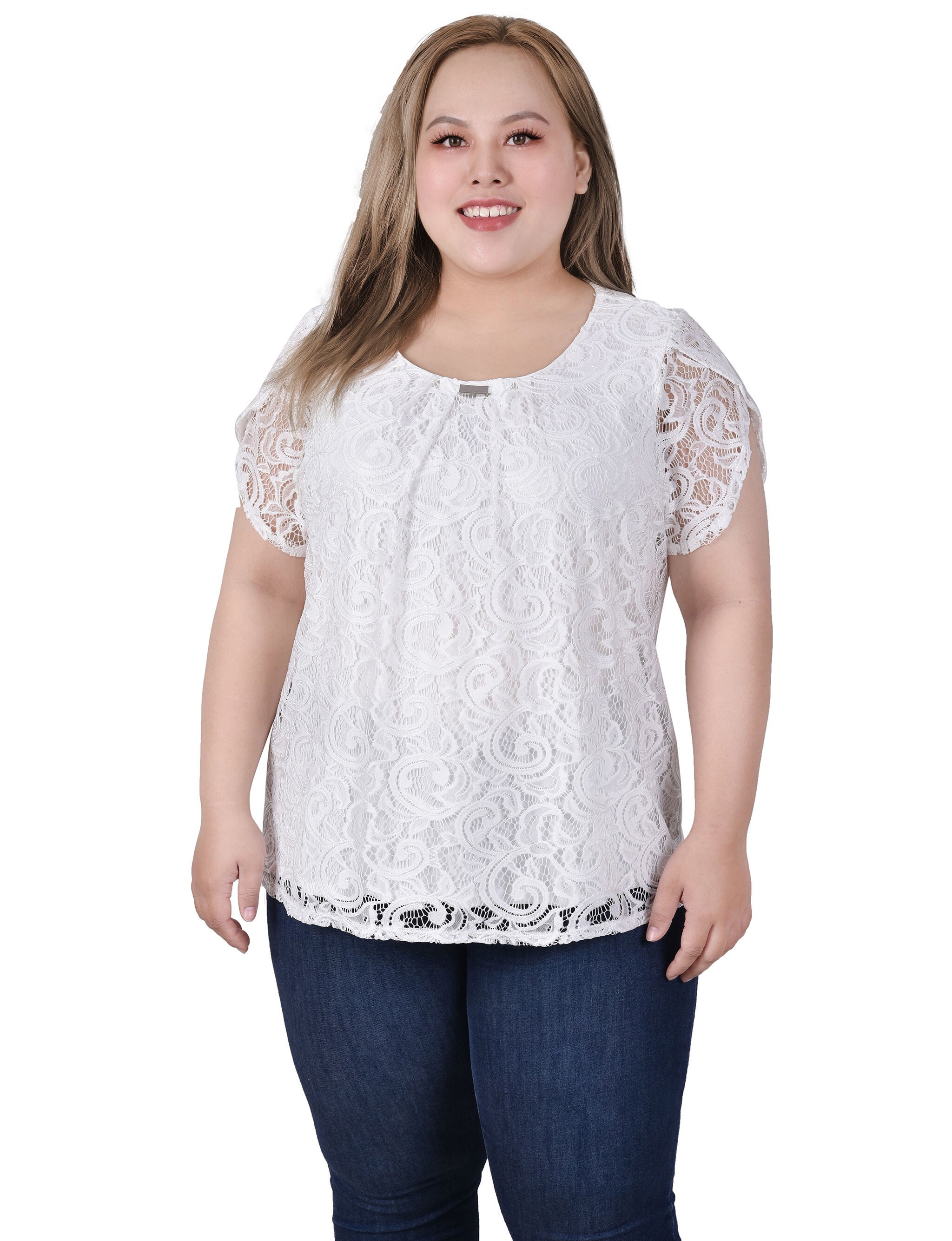 Lace Petal Sleeve Top, White, hi-res image number 0