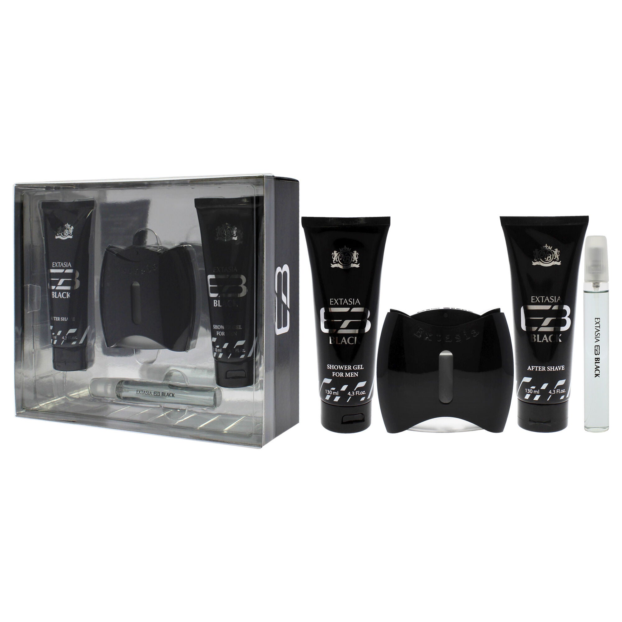 Prestige Extasia Black by New Brand for Men - 4 Pc Gift Set 3.3oz EDT Spray, 0.5oz EDT Spray, 4.3oz Shower Gel, 4.3oz After Shave, See Description, alternate image number 3