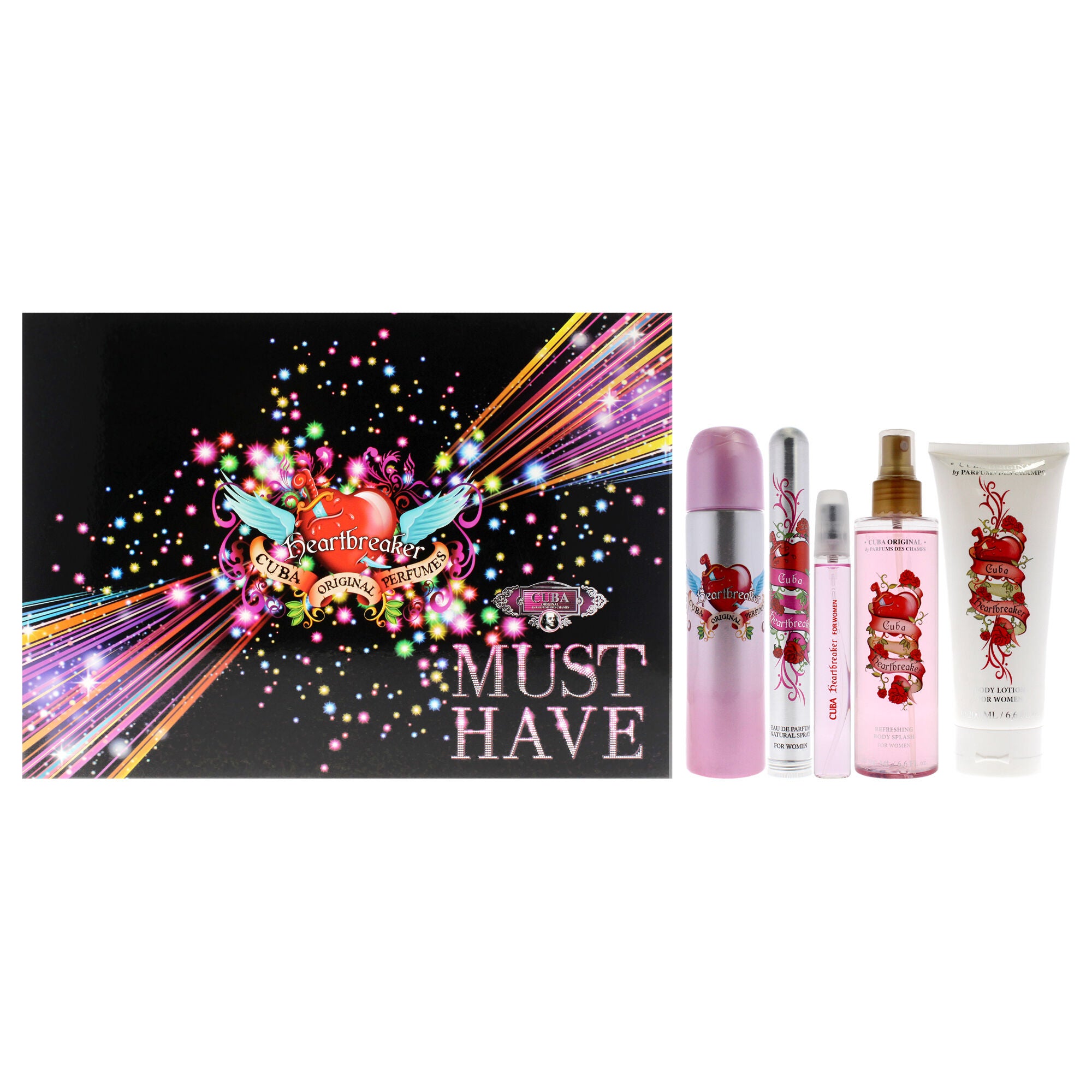 Cuba Must Have Heartbreaker by Cuba for Women - 5 Pc Gift Set 3.4oz EDP Spray, 1.17oz EDP Spray, 0.5oz EDP Spray, 6.6oz Body Lotion, 6.6oz Body Splash, See Description, hi-res image number 0