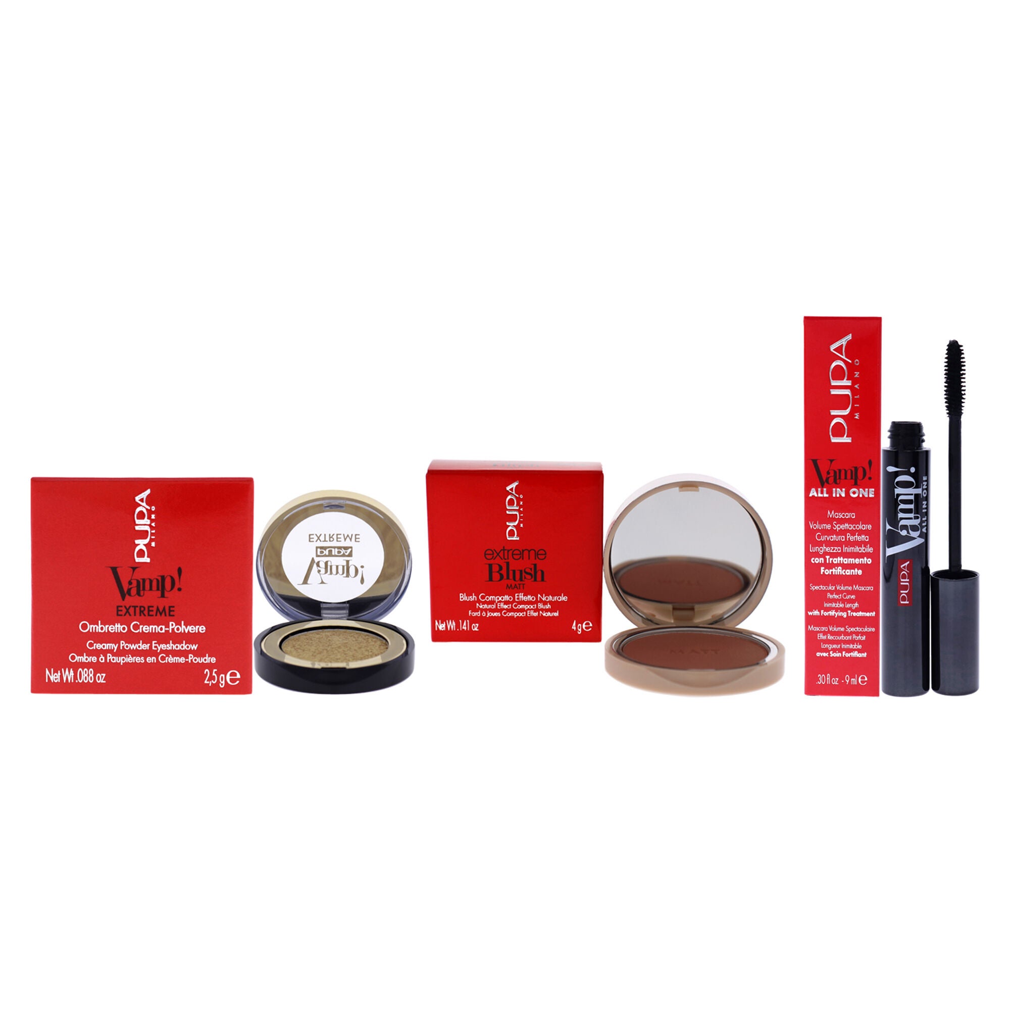 Vamp! Extreme Eyeshadow With All In One Mascara and Extreme Blush Matt Kit by Pupa Milano for Women - 3 Pc Kit, See Description, hi-res image number 0