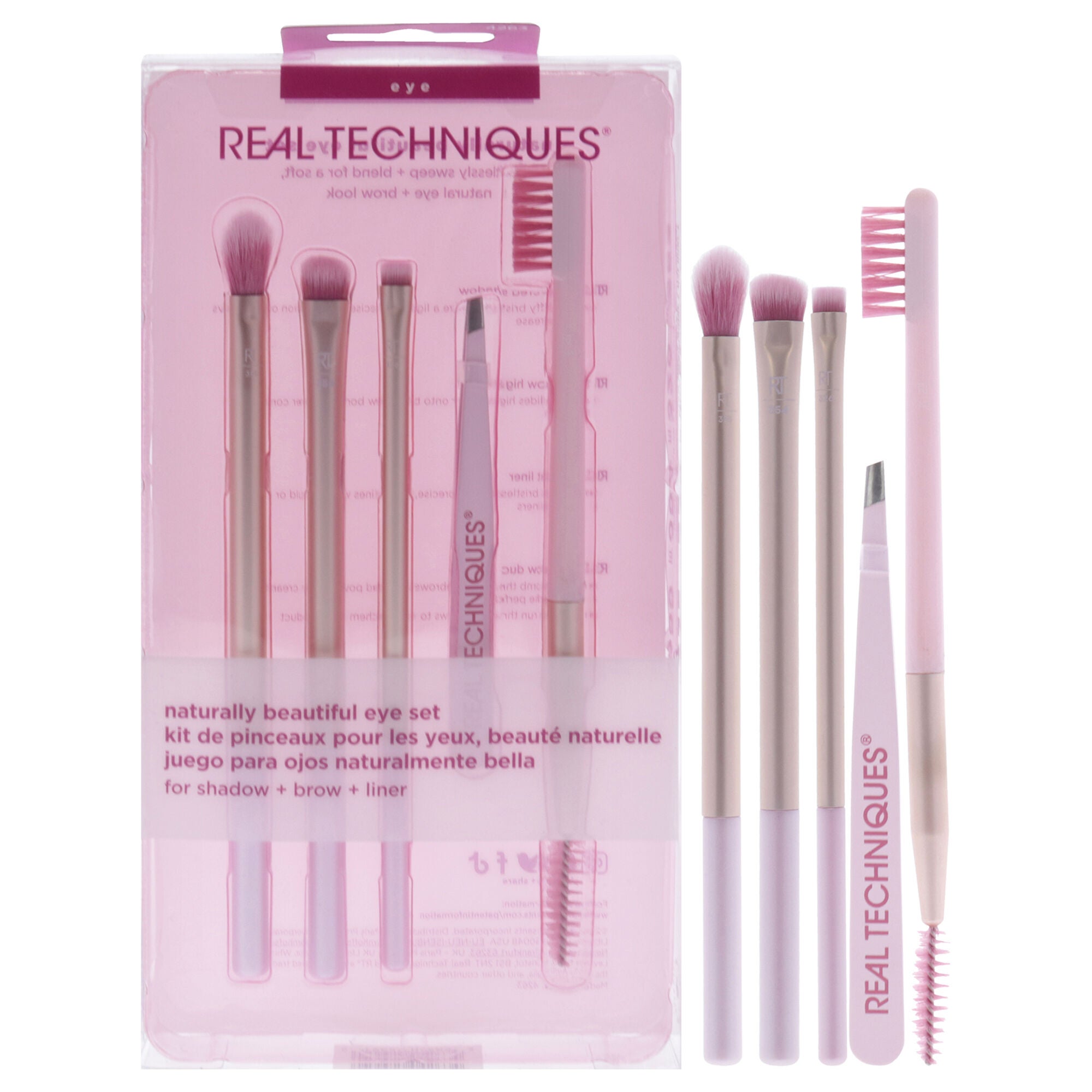 Naturally Beautiful Eye Set by Real Techniques for Women - 5 Pc Tapered Shadow Brush - 355, Brow Highlighter Brush - 354, Flat Liner Brush - 326, Brow Duo Brush - 353, Fine Point Tweezer, Red, hi-res image number 0