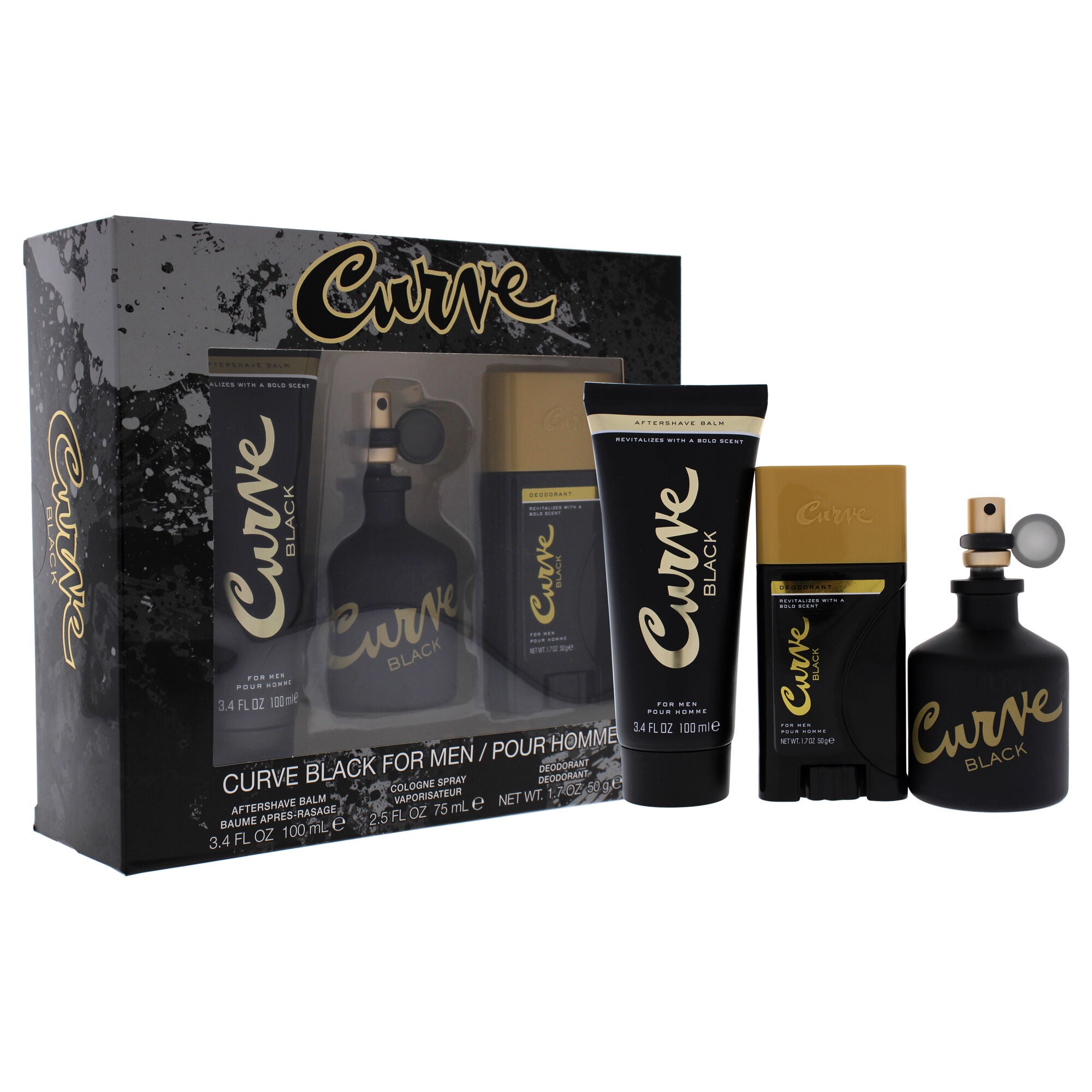 Curve Black by Liz Claiborne for Men - 3 Pc Gift Set 2.5oz EDC Spray, 3.4oz After Shave Balm, 1.7oz Deodorant Stick, See Description, hi-res image number 0