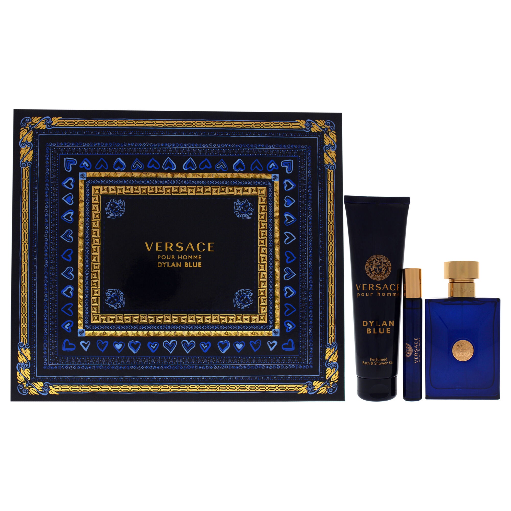 Dylan Blue by Versace for Men - 3 Pc Gift Set 3.4oz EDT Spray, 0.3oz EDT Spray, 5.0oz Bath and Shower Gel, See Description, hi-res image number 0