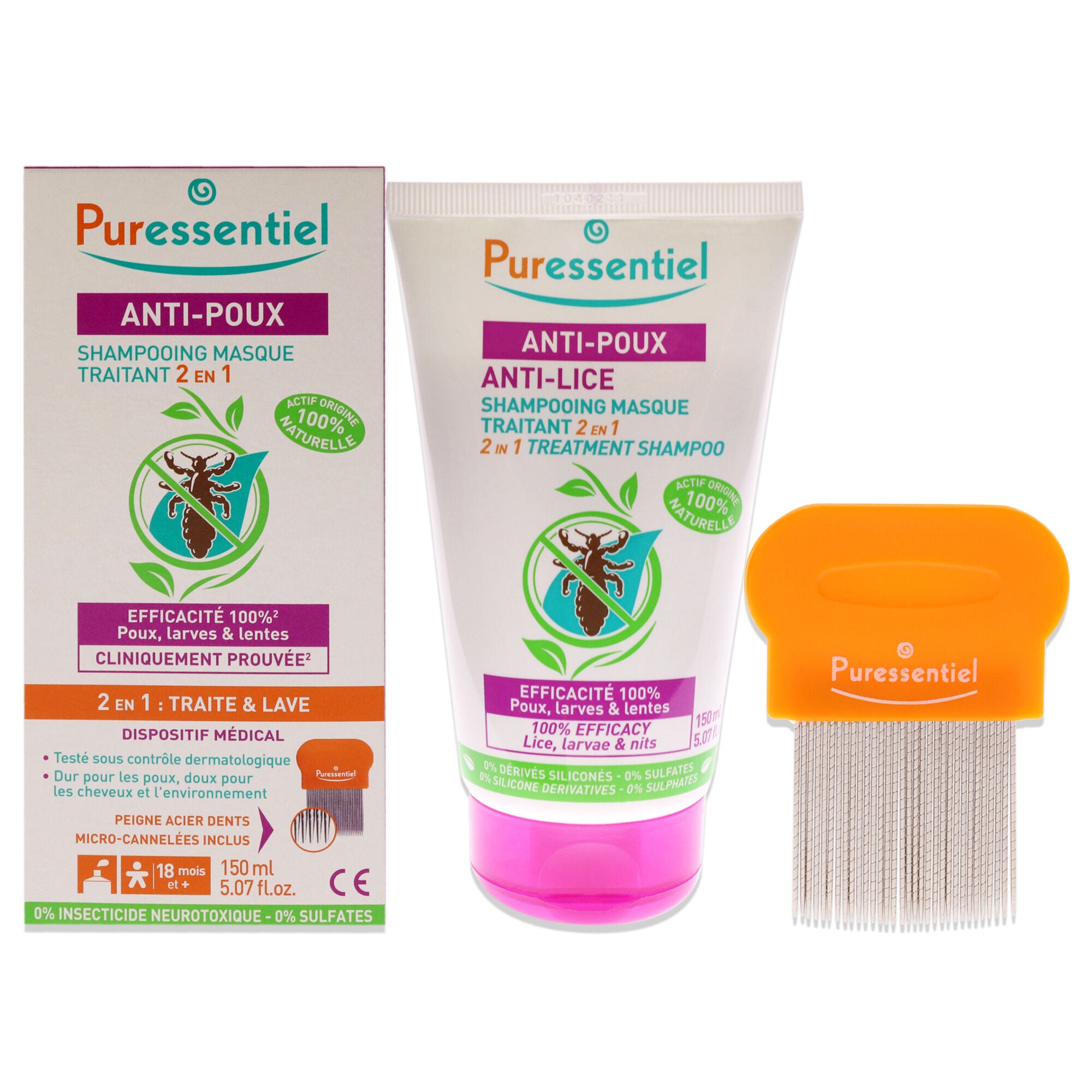 Anti-Lice 2-In-1 Treatment Shampoo Plus Comb by Puressentiel for Unisex - 5.07 oz Shampoo, See Description, hi-res image number 0