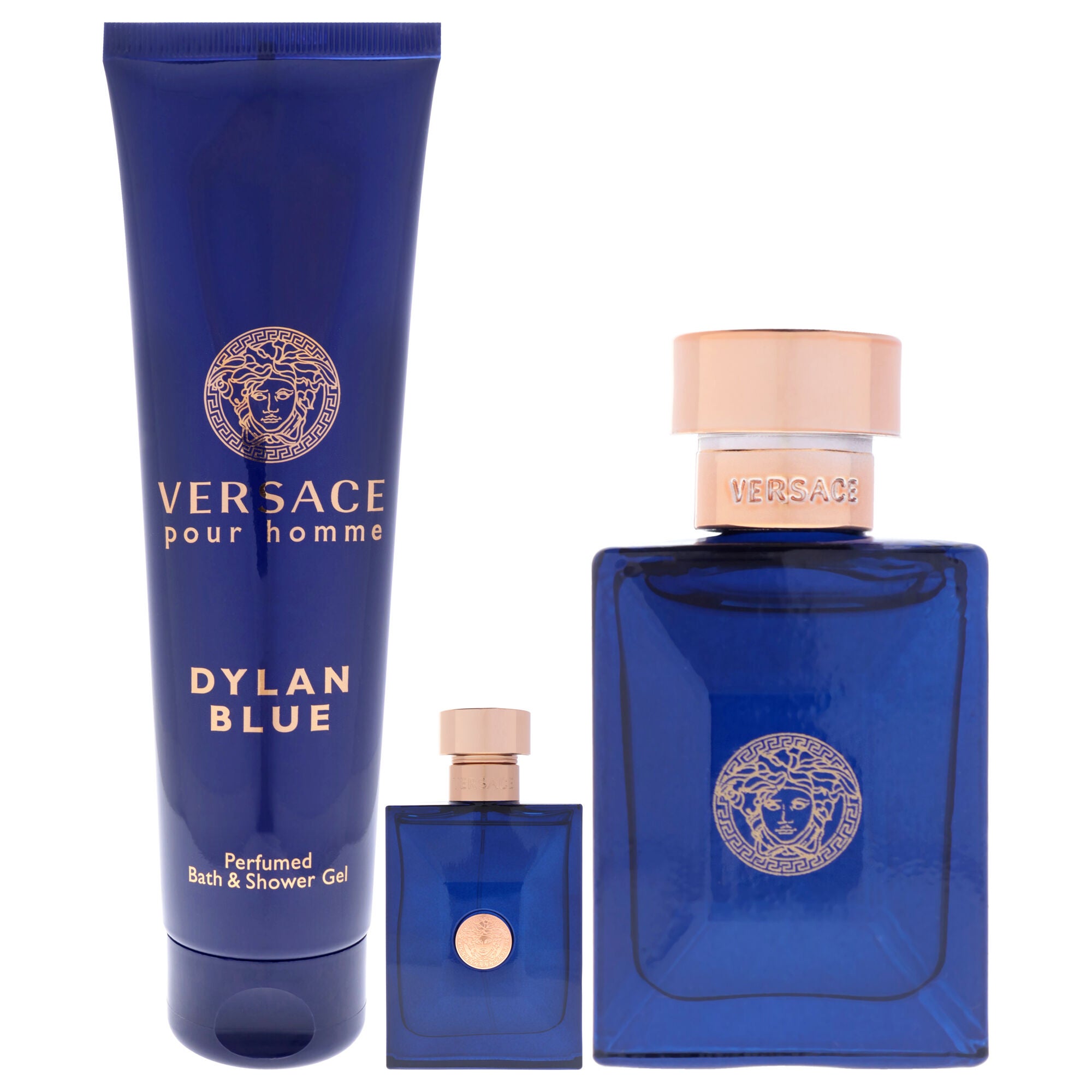 Dylan Blue by Versace for Men - 3 Pc Gift Set 3.4oz EDT Spray, 0.17oz EDT Splash (Mini), 5oz Bath and Shower Gel, Clear, alternate image number 1