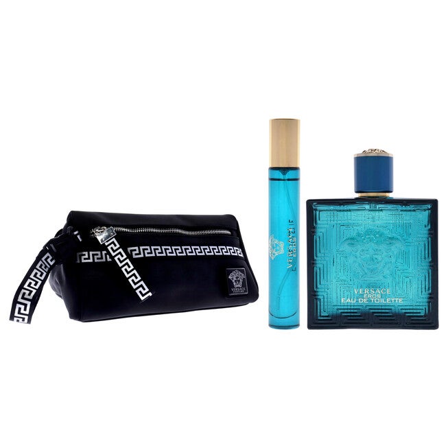 Versace Eros by Versace for Men - 3 Pc Gift Set 3.4oz EDT Spray, 10ml EDT Spray, Blue Trousse, , alternate image number null