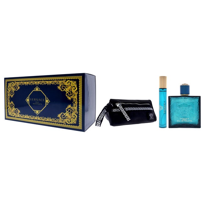 Versace Eros by Versace for Men - 3 Pc Gift Set 3.4oz EDT Spray, 10ml EDT Spray, Blue Trousse, NA, alternate image number null