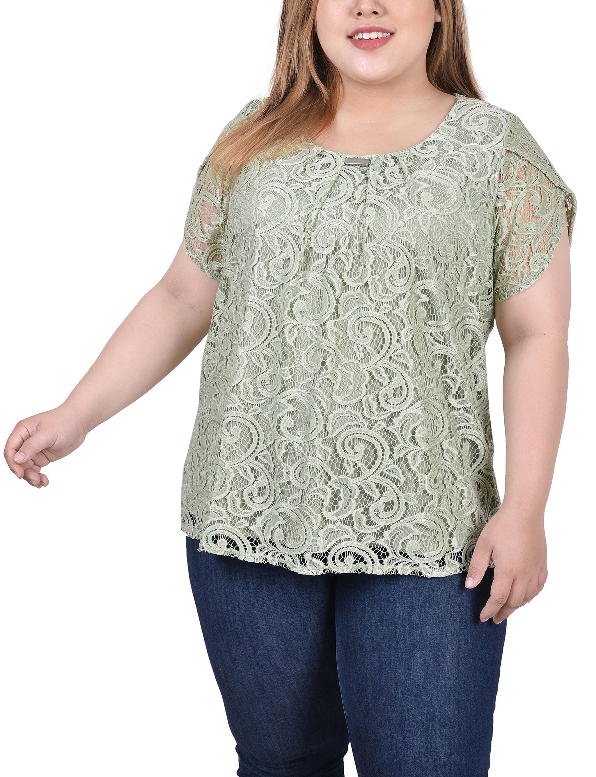 Lace Petal Sleeve Top, Frosty Green, hi-res image number 0