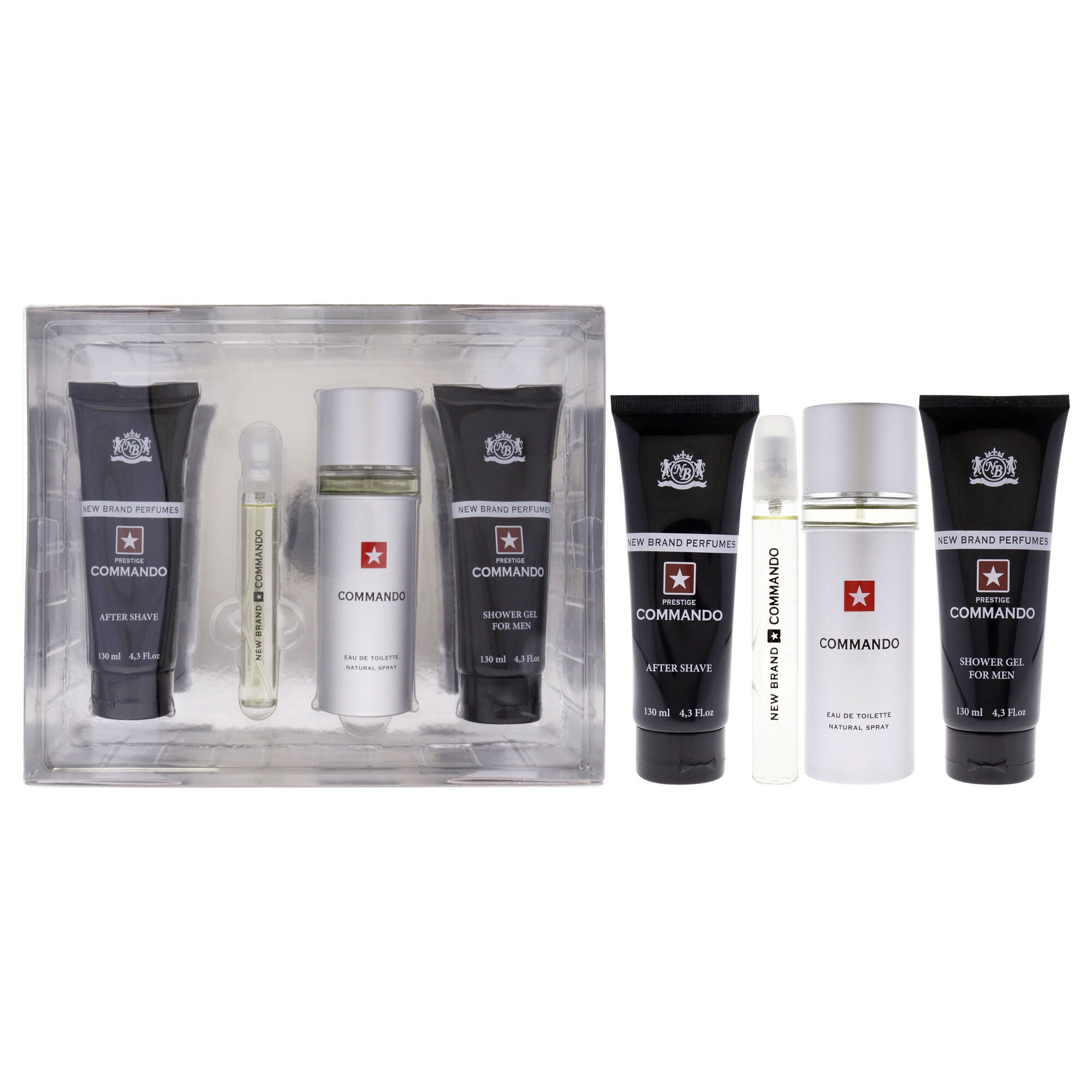 Prestige Commando by New Brand for Men - 4 Pc Gift Set 3.3oz EDT Spray, 0.5oz EDT Spray, 4.3oz Shower Gel, 4.3oz After Shave, See Description, hi-res image number 0