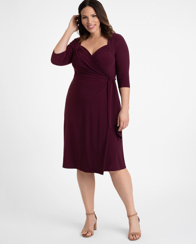 sweetheart knit wrap dress Kiyonna Women's Plus Size Sweetheart Knit Wrap Dress with 3/4 Sleeves, Navy Blue, 0X