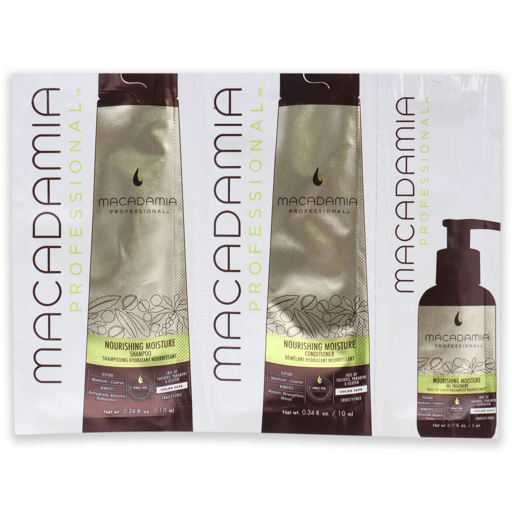 Professional Nourishing Moisture Set by Macadamia Oil for Unisex - 3 Pc Kit 0.34oz Shampoo, 0.34oz Conditioner, 0.17oz Oil Treatment, See Description, hi-res image number 0