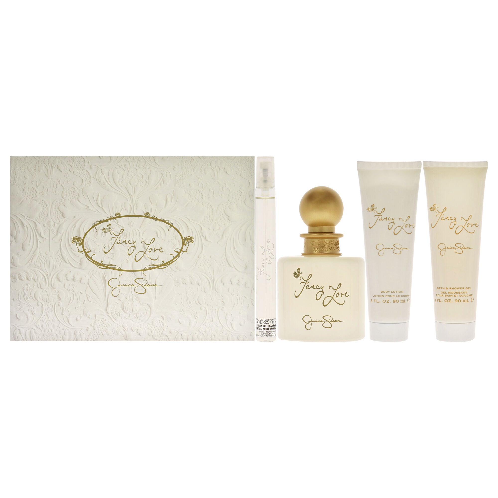 Fancy Love by Jessica Simpson for Women - 4 Pc Gift Set 3.4oz EDP Spray, 0.34oz EDP Mini Spray, 3oz Body Lotion, 3oz Bath and Shower Gel, See Description, hi-res image number 0