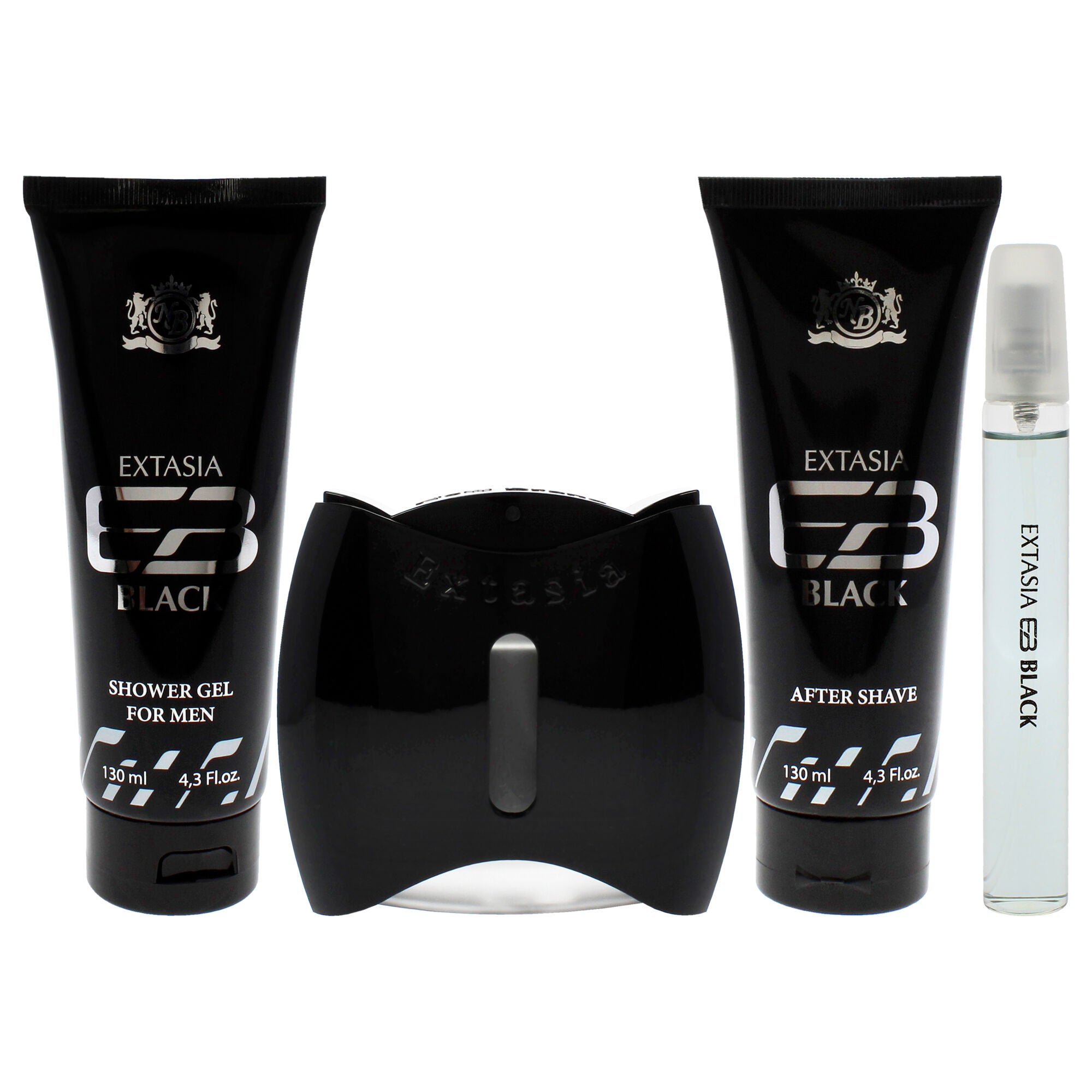 Prestige Extasia Black by New Brand for Men - 4 Pc Gift Set 3.3oz EDT Spray, 0.5oz EDT Spray, 4.3oz Shower Gel, 4.3oz After Shave, See Description, alternate image number 4