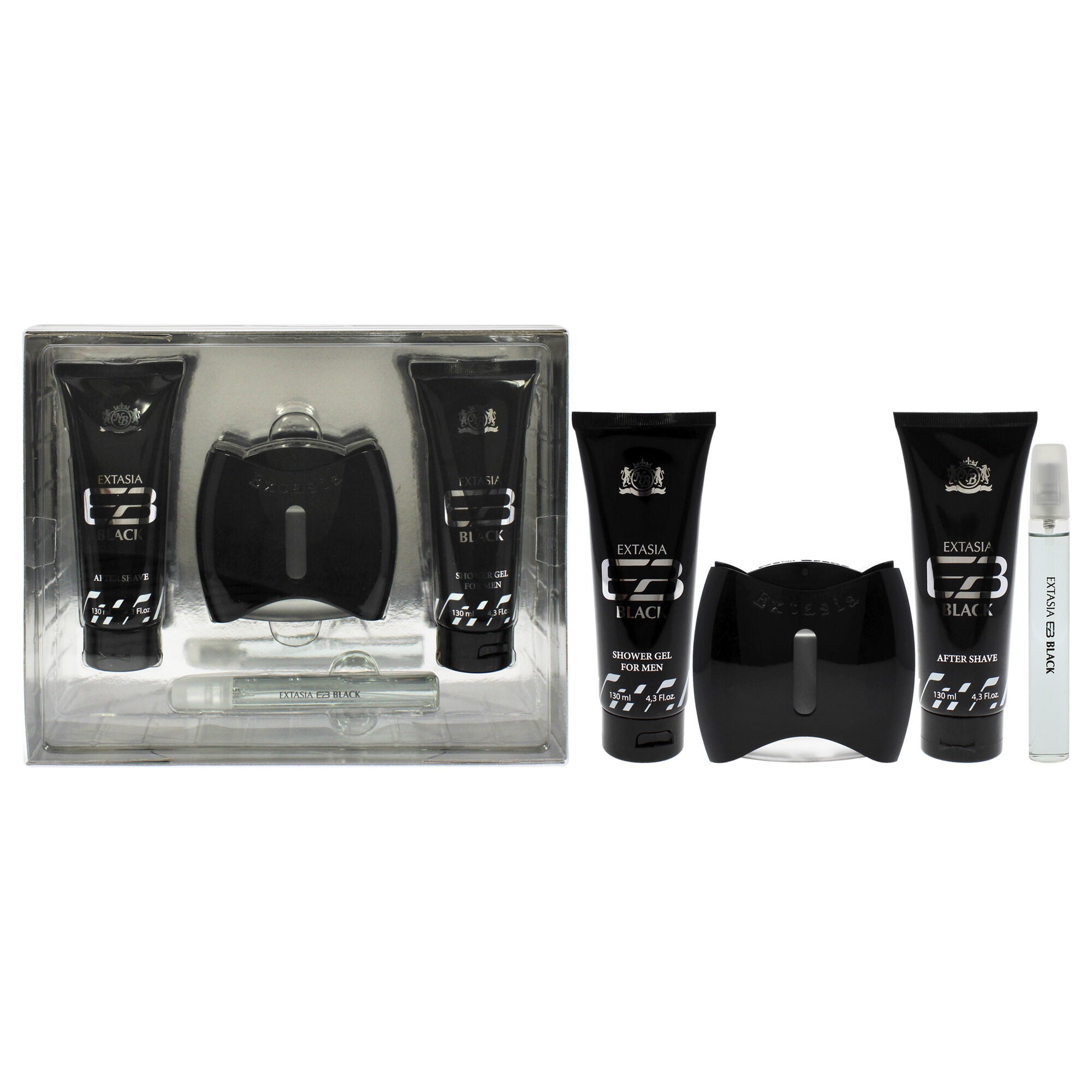 Prestige Extasia Black by New Brand for Men - 4 Pc Gift Set 3.3oz EDT Spray, 0.5oz EDT Spray, 4.3oz Shower Gel, 4.3oz After Shave, See Description, hi-res image number 0
