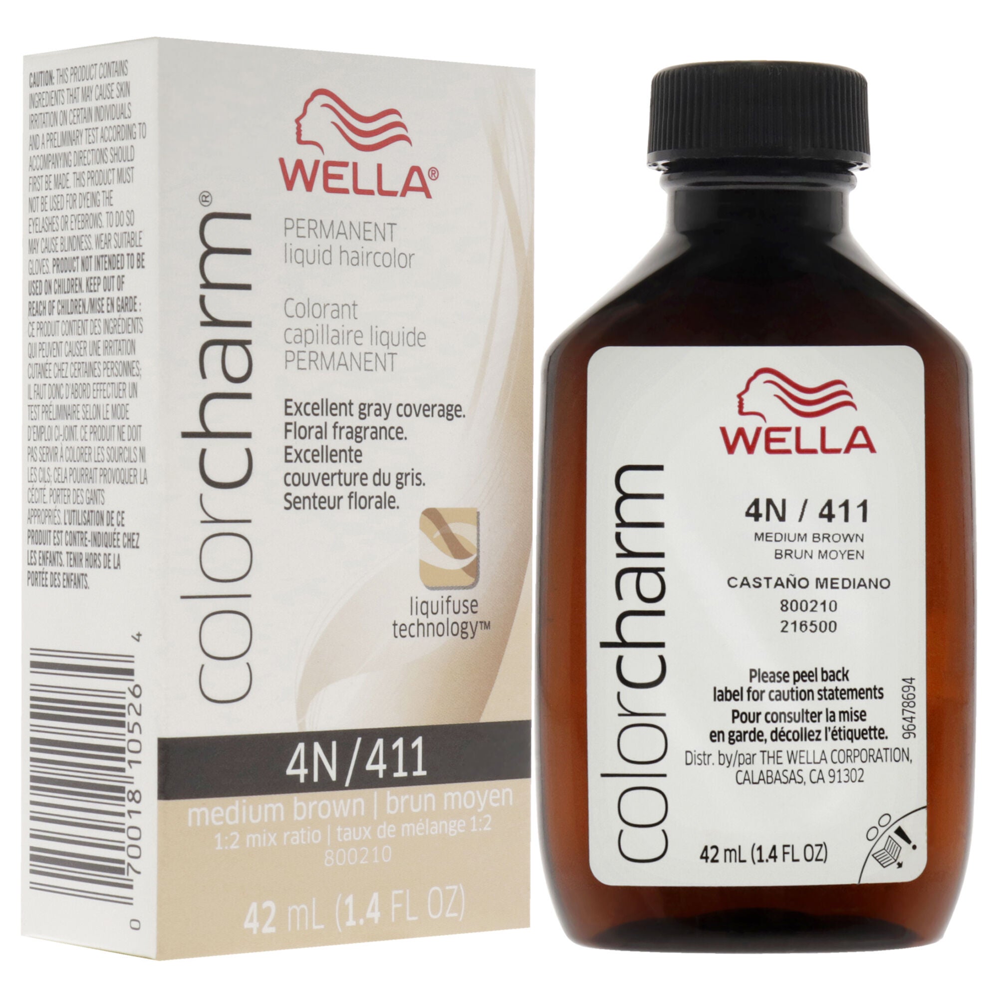 Color Charm Permanent Liquid Hair Color - 411 4N Medium Brown by Wella for Unisex - 1.42 oz Hair Color, Brown, alternate image number 2