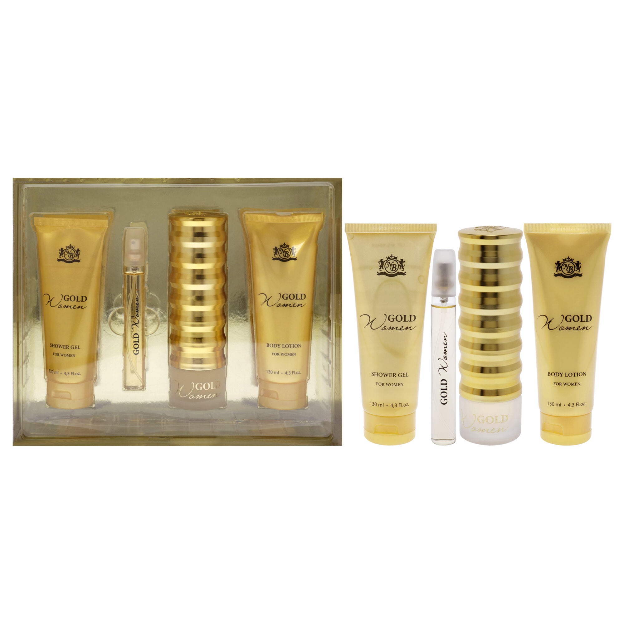 Gold by New Brand for Women - 4 Pc Gift Set 3.3oz EDP Spray, 0.5oz EDP Spray, 4.3oz Shower Gel, 4.3oz Body Lotion, Clear, hi-res image number 0
