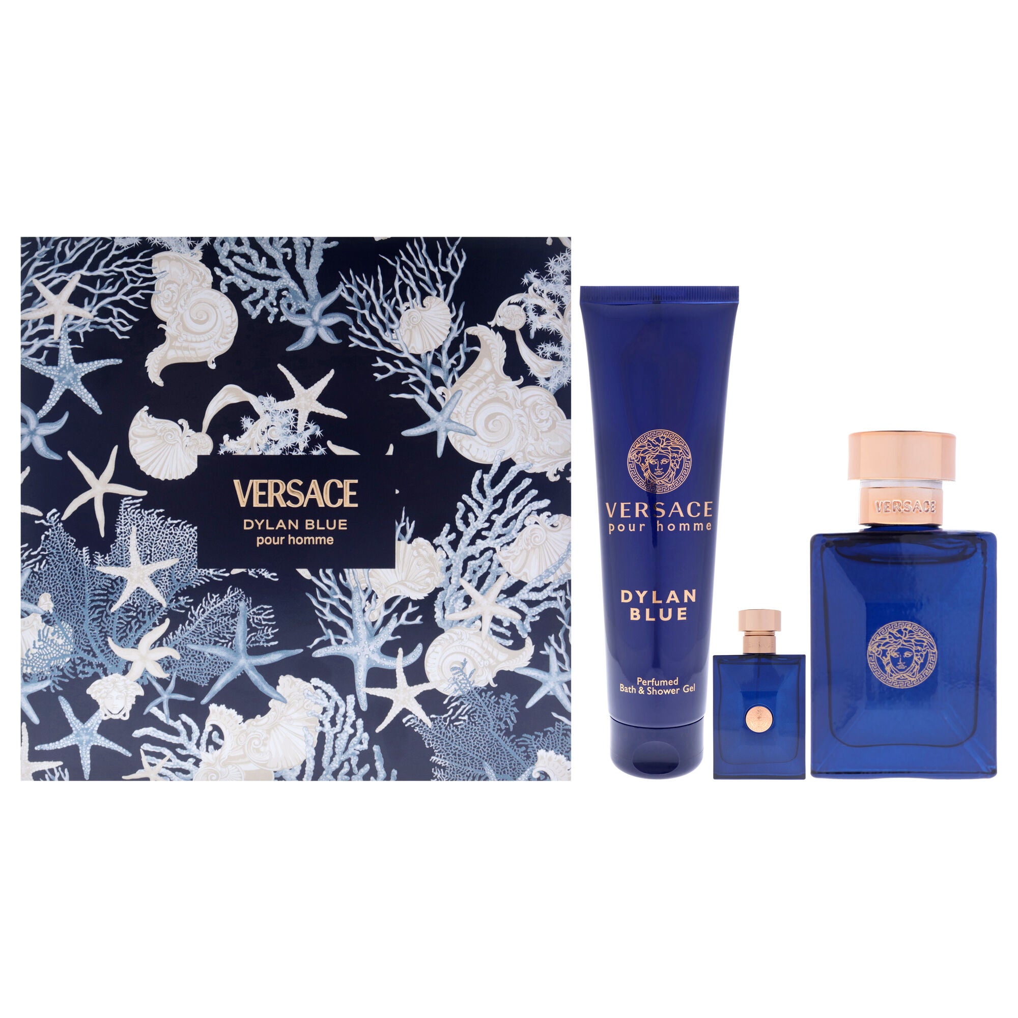 Dylan Blue by Versace for Men - 3 Pc Gift Set 3.4oz EDT Spray, 0.17oz EDT Splash (Mini), 5oz Bath and Shower Gel, Clear, hi-res image number 0