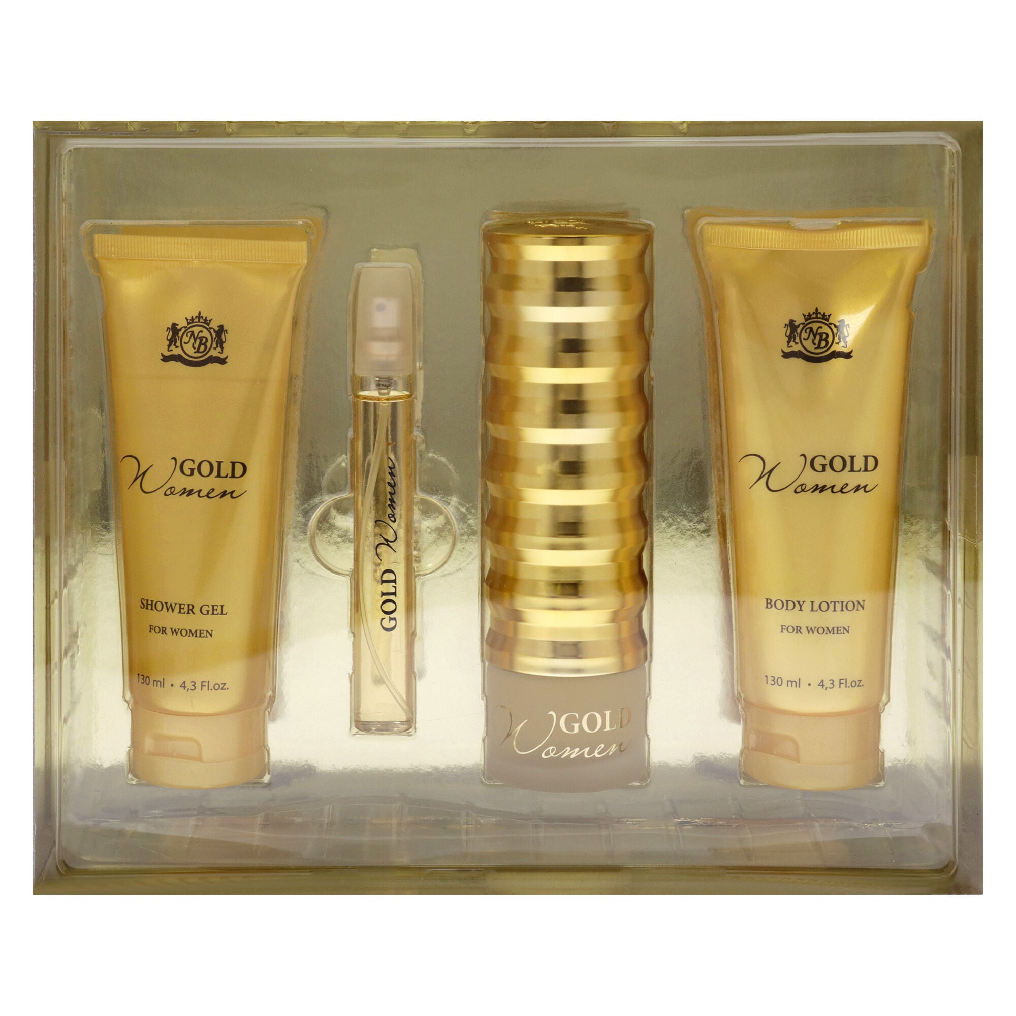 Gold by New Brand for Women - 4 Pc Gift Set 3.3oz EDP Spray, 0.5oz EDP Spray, 4.3oz Shower Gel, 4.3oz Body Lotion, Clear, alternate image number 4