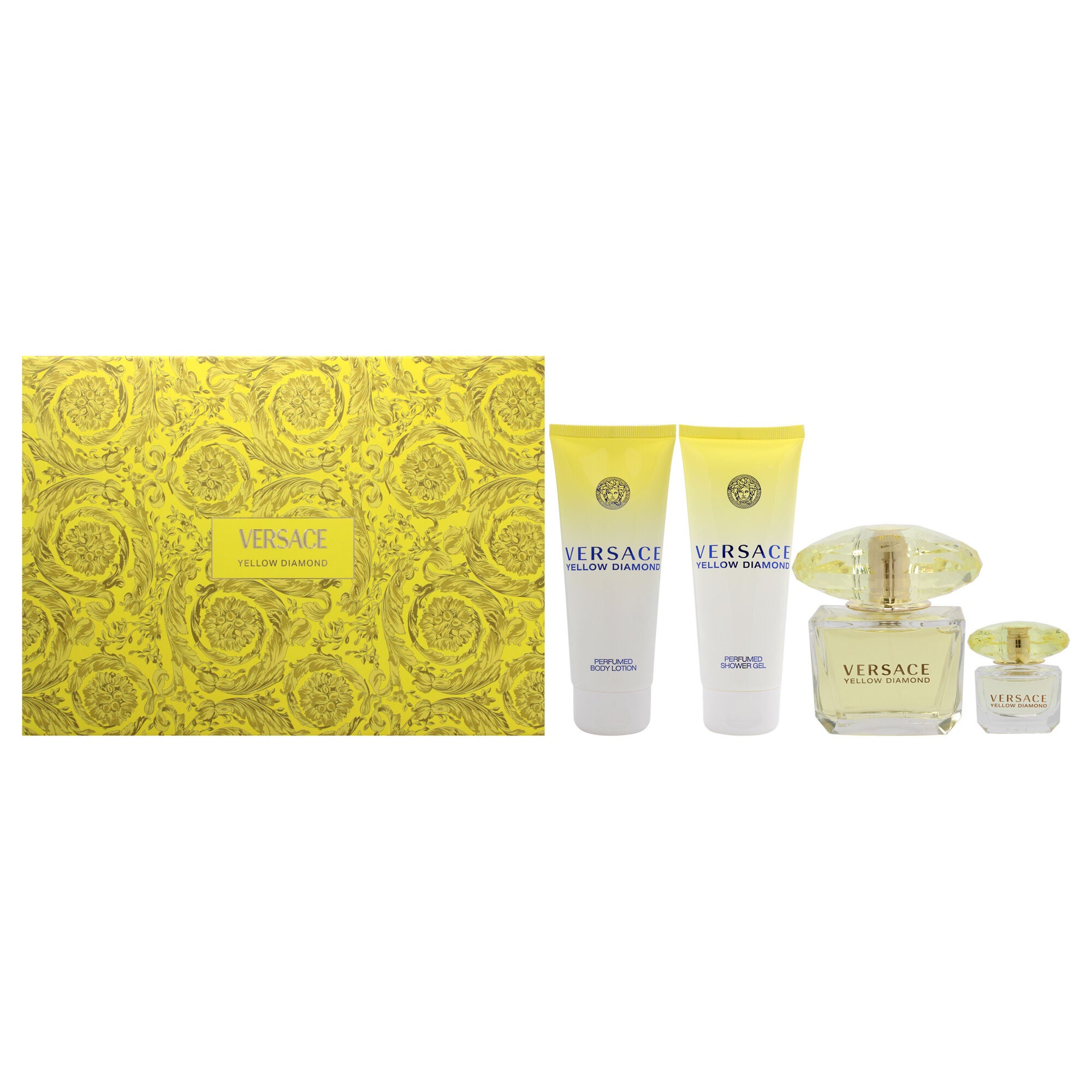 Versace Yellow Diamond by Versace for Women - 4 Pc Gift Set 3oz EDT Spray, 3.4oz Shower Gel, 3.4oz Body Lotion, 5ml EDT Spray (Mini), See Description, hi-res image number 0