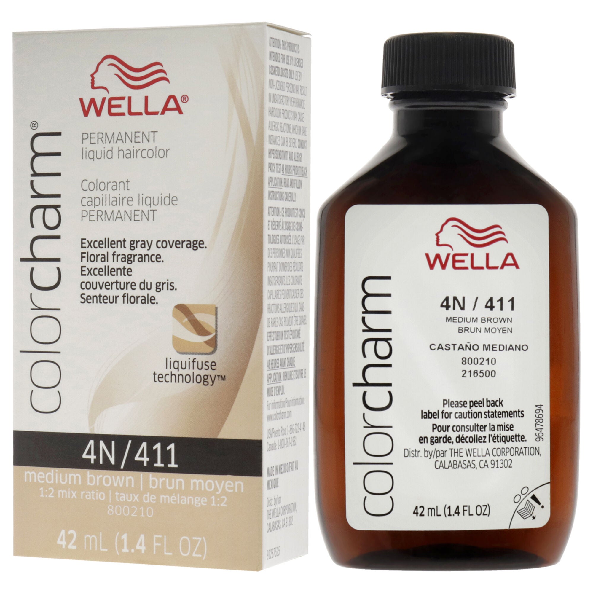 Color Charm Permanent Liquid Hair Color - 411 4N Medium Brown by Wella for Unisex - 1.42 oz Hair Color, Brown, alternate image number 3