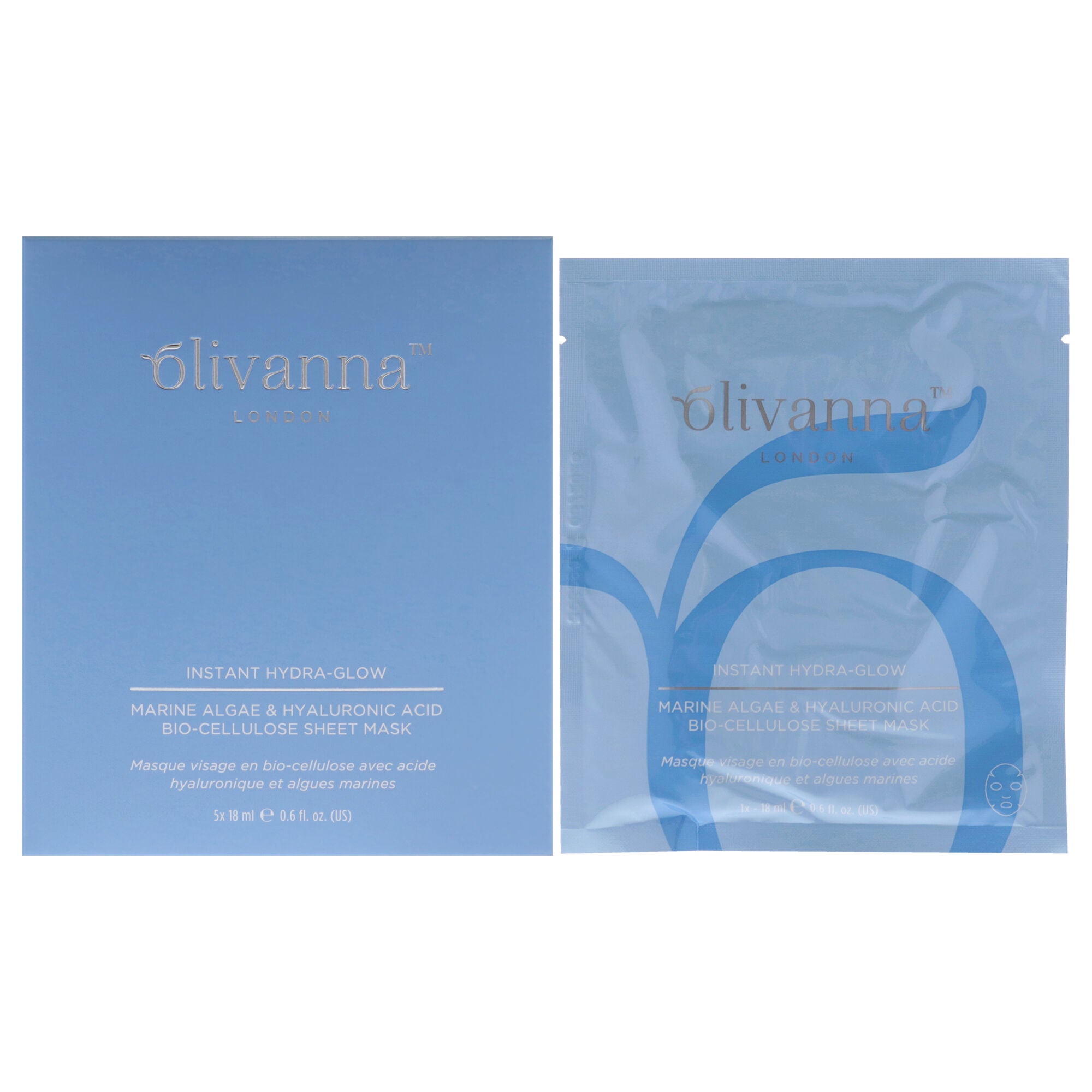 Instant Hydra-Glow Marine Algae And Hyaluronic Acid Bio-Cellulose Sheet Mask by Olivanna for Women - 5 x 0.6 oz Mask, See Description, hi-res image number 0