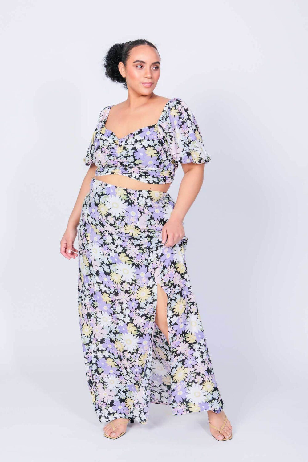 Sonny & Cher Crop Top and Skirt Two Piece Set, Daisy Print / Lilac, hi-res image number 0