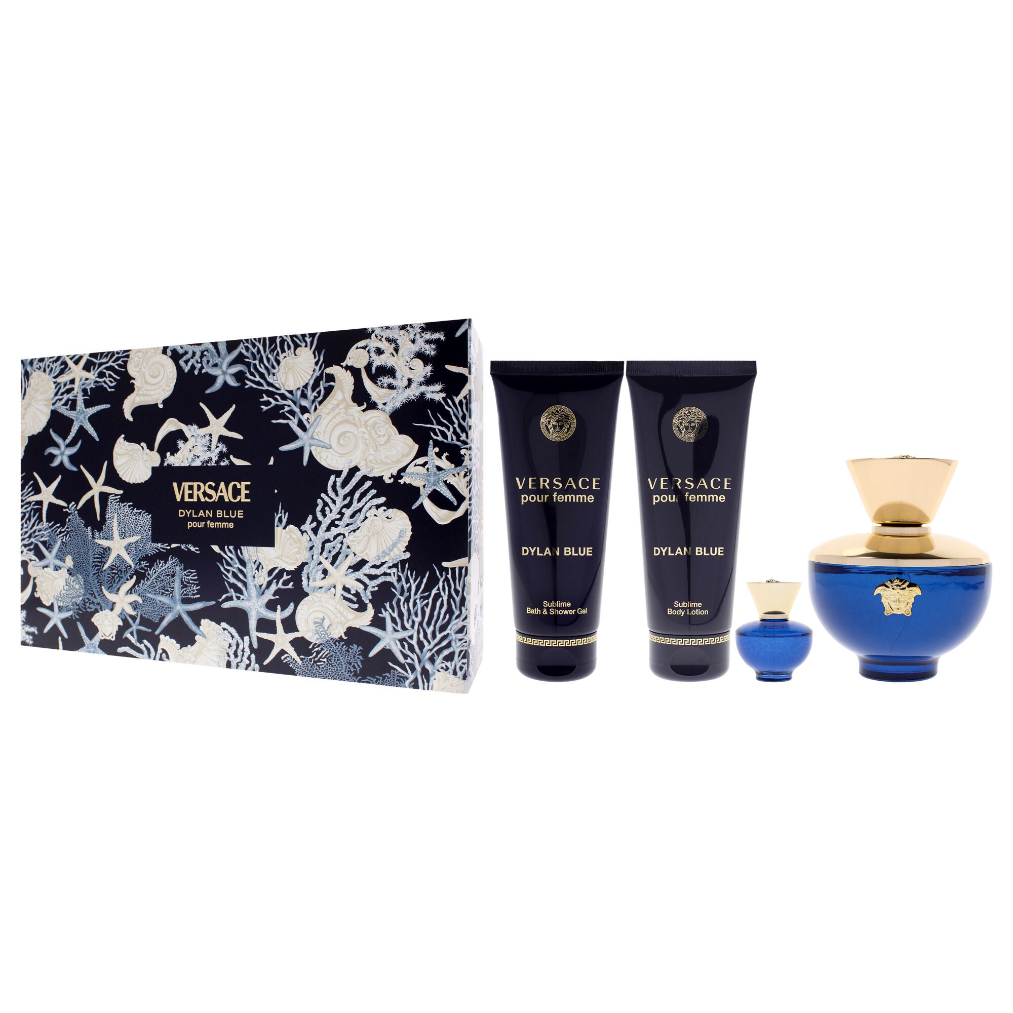 Dylan Blue by Versace for Women - 4 Pc Gift Set 3.4oz EDP Spray, 0.17oz EDP Splash (Mini), 3.4oz Body Lotion, 3.4oz Bath and Shower Gel, Clear, alternate image number 3