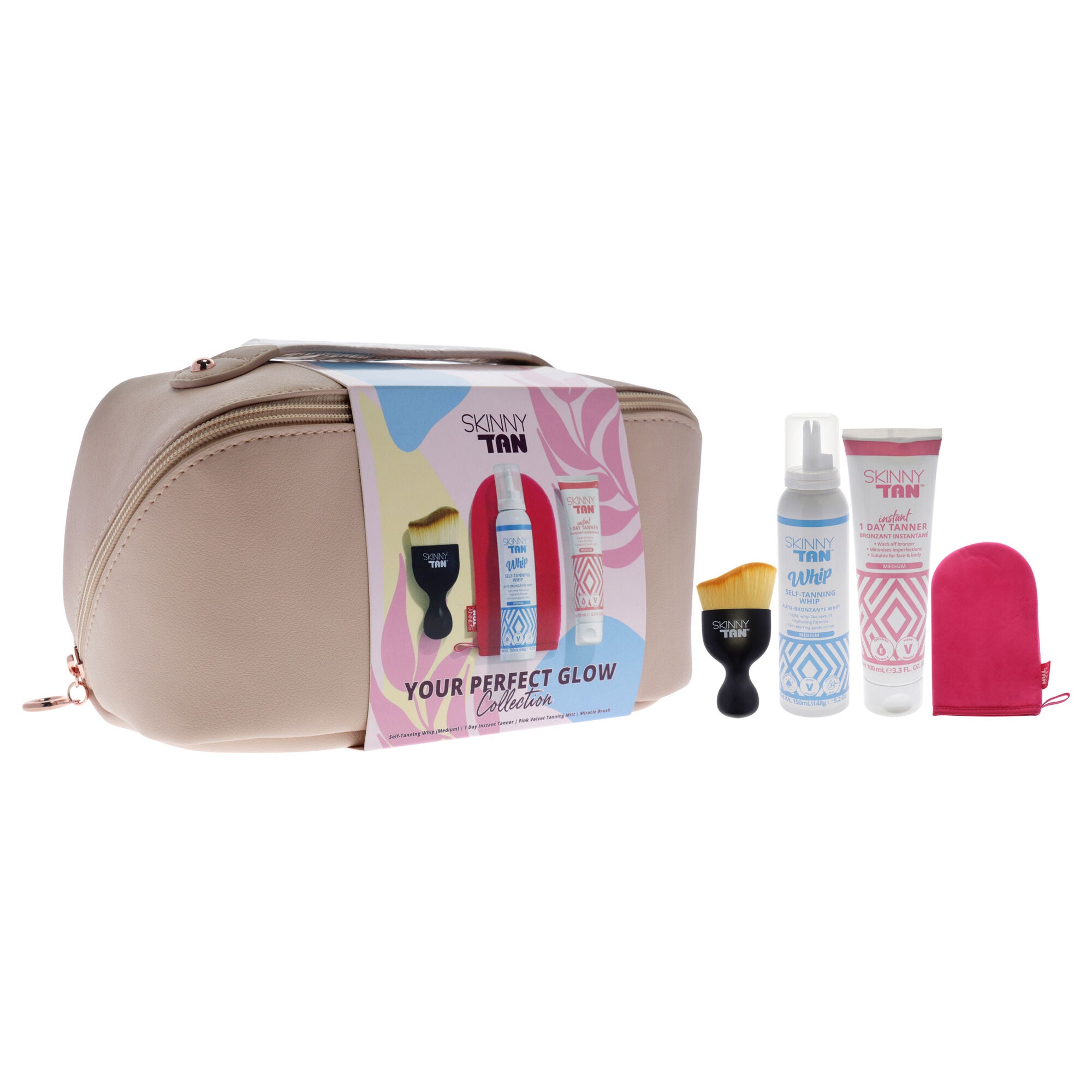 Your Perfect Glow Collection Set by Skinny Tan - 4 Pc Gift Set 5oz Self Tanning Whip, 1oz Day Instant Tanner, Miracle Blush, Pink Velvet Tanning Mit, See Description, alternate image number 2