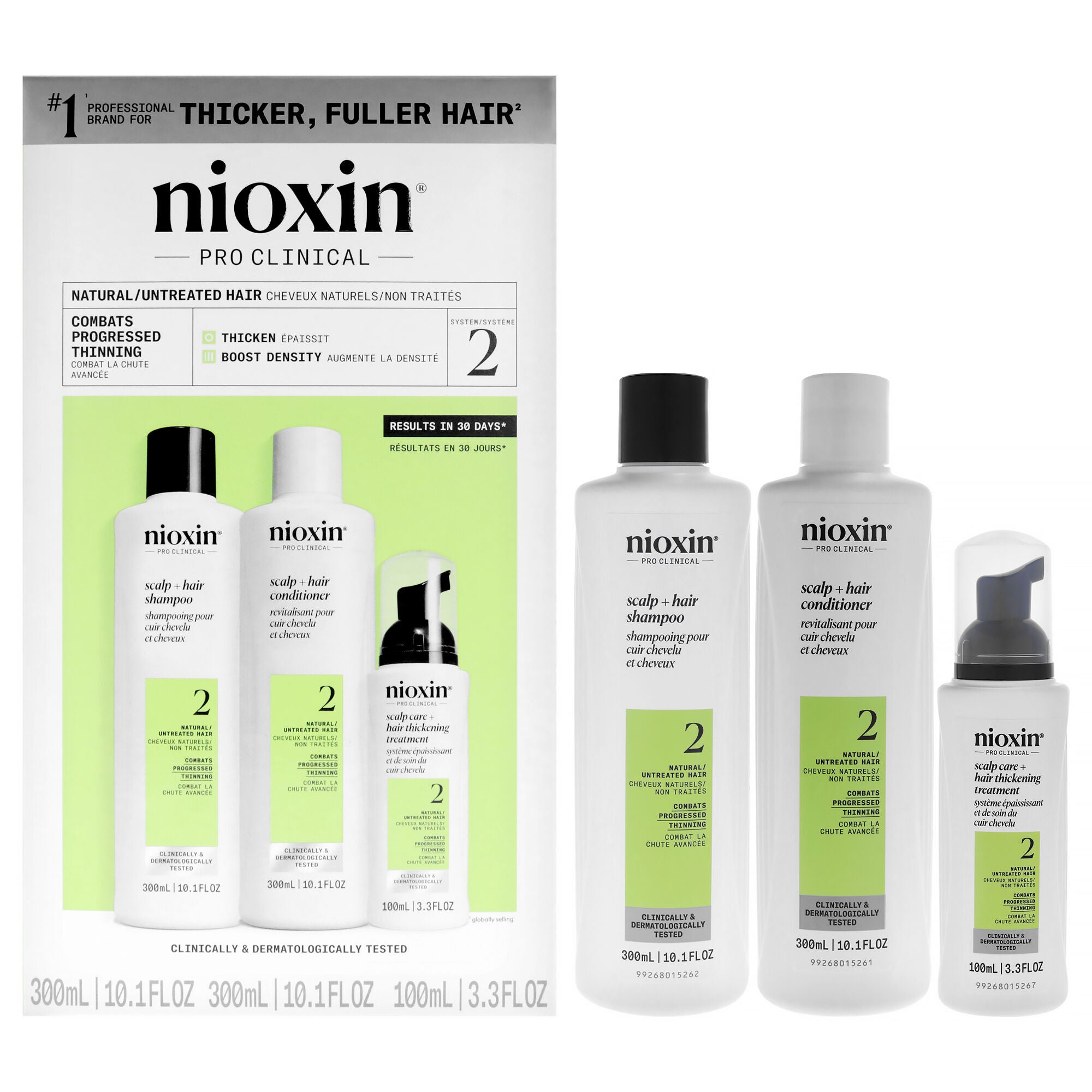System 2 Kit by Nioxin for Unisex - 3 Pc 10.1oz Cleanser Shampoo, 10.1 oz Scalp Therapy Conditioner, 1Liter Scalp and Hair Treatment, See Description, hi-res image number 0