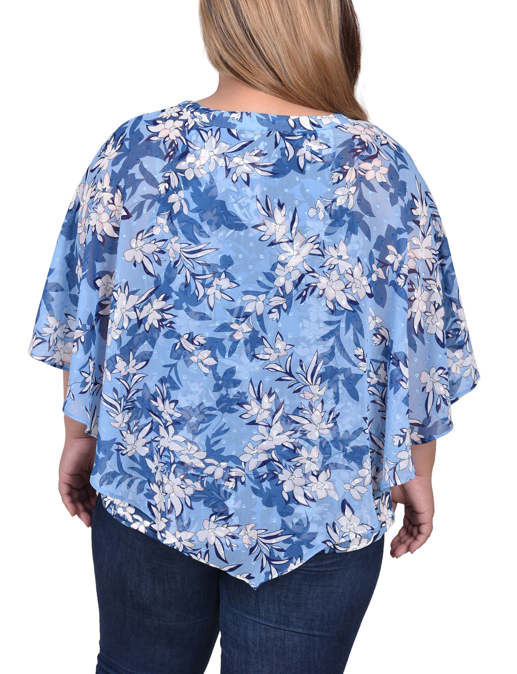 Chiffon Poncho Top With Ring, Light Blue White Floral, alternate image number 2