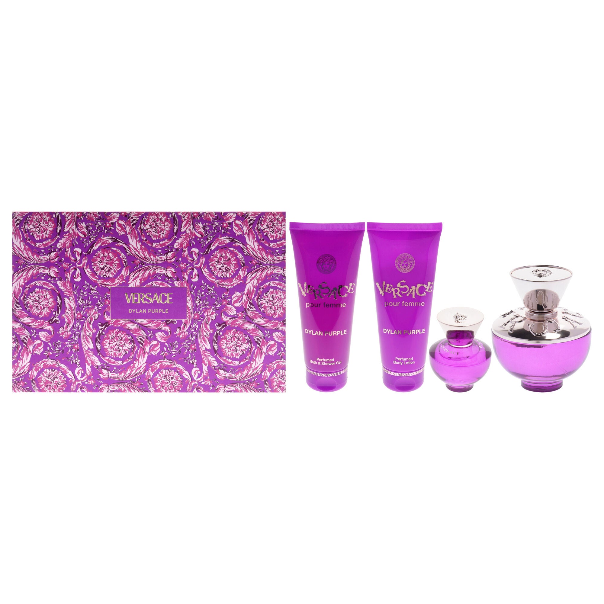 Dylan Purple by Versace for Women - 4 Pc Gift Set 3.4oz EDP Spray, 0.17oz EDP Spray Mini, 3.4oz Shower Gel, 3.4oz Body Lotion, See Description, hi-res image number 0
