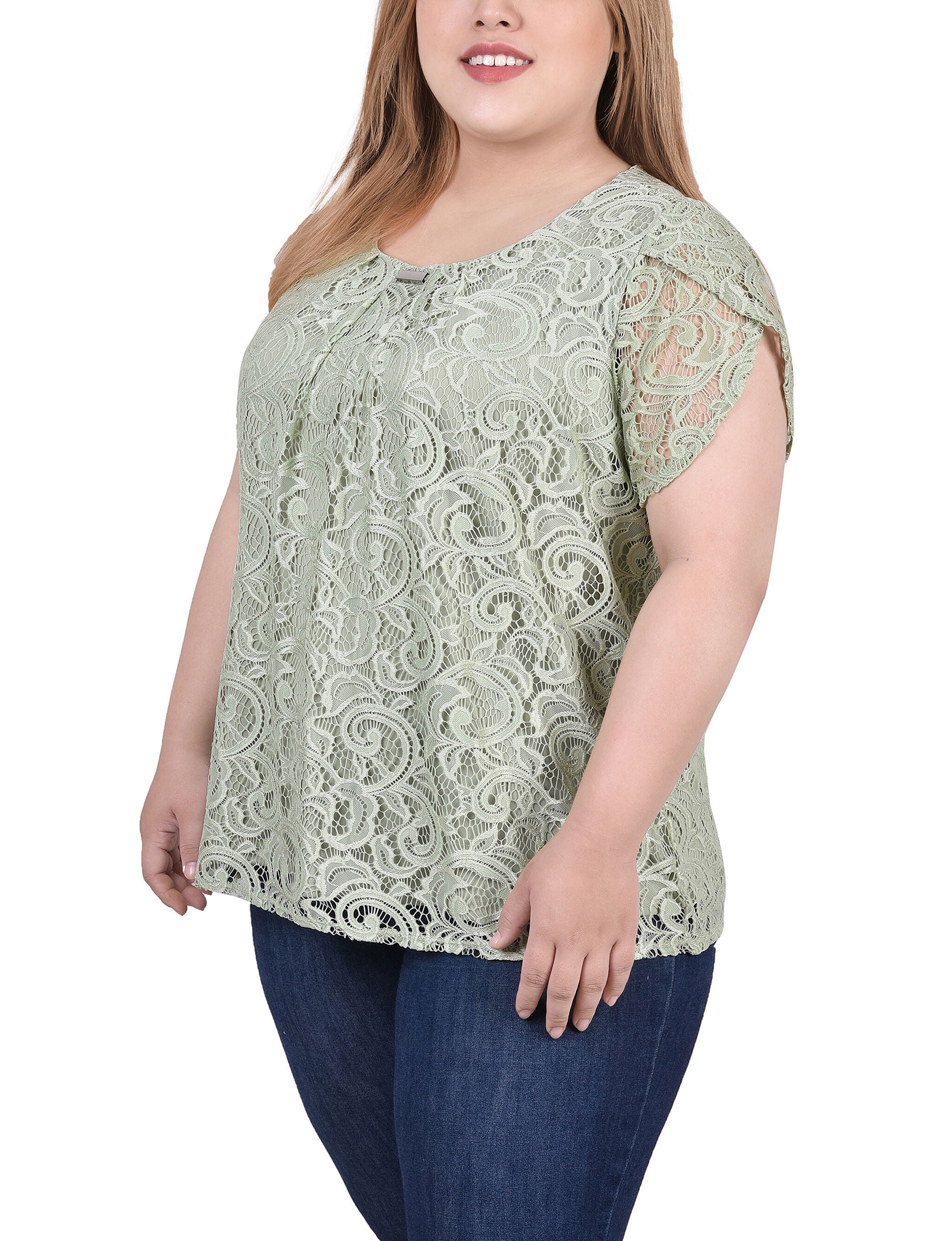 Lace Petal Sleeve Top, Frosty Green, alternate image number 1