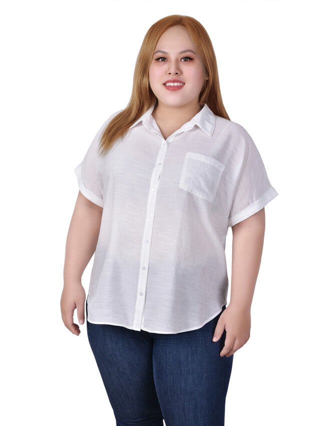 Short Sleeve Woven Front/Jersey Back Top, White, hi-res image number null