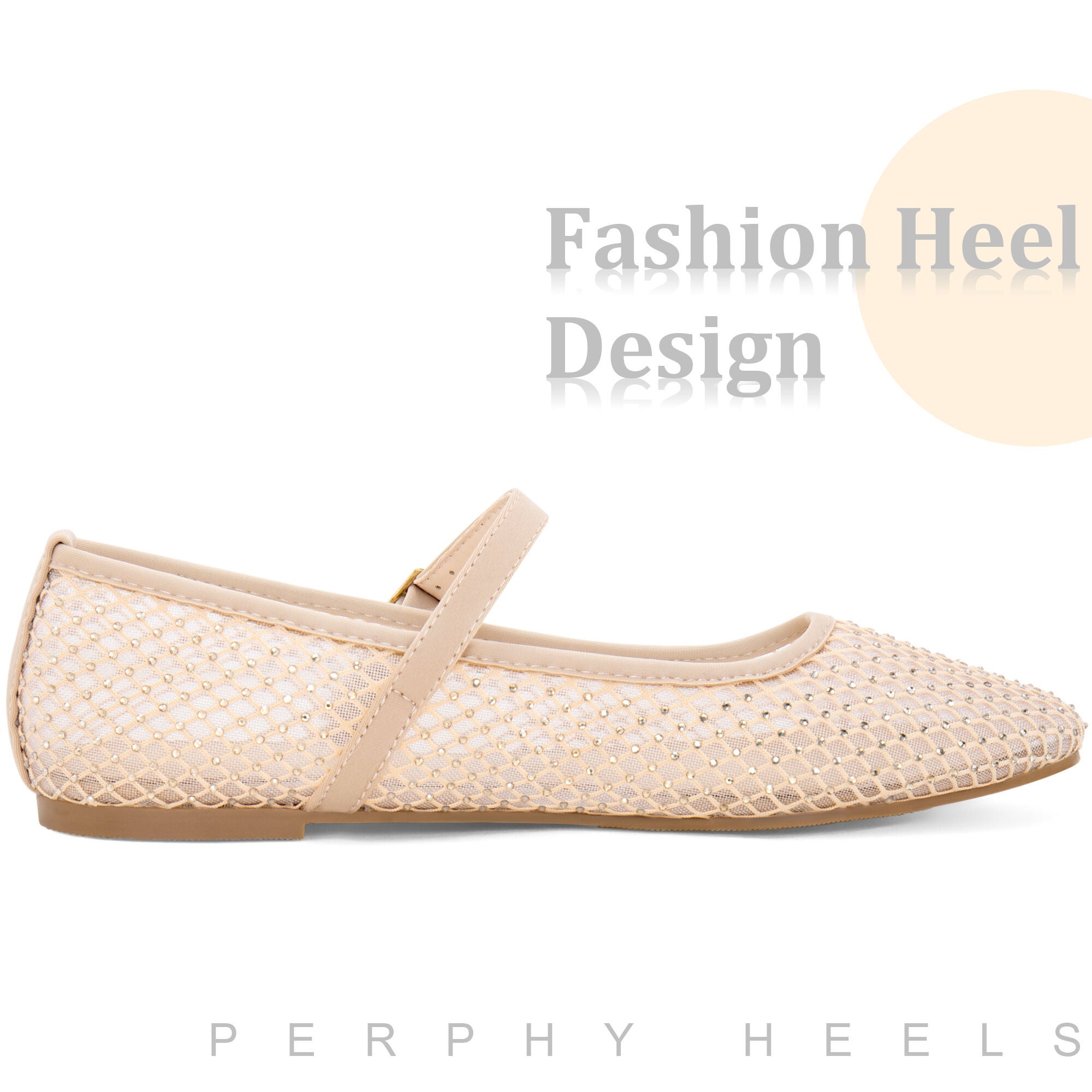 Rhinestone Mesh Flats Buckle Strap slip on Ballet Flat, Champagne / Beige, alternate image number 3