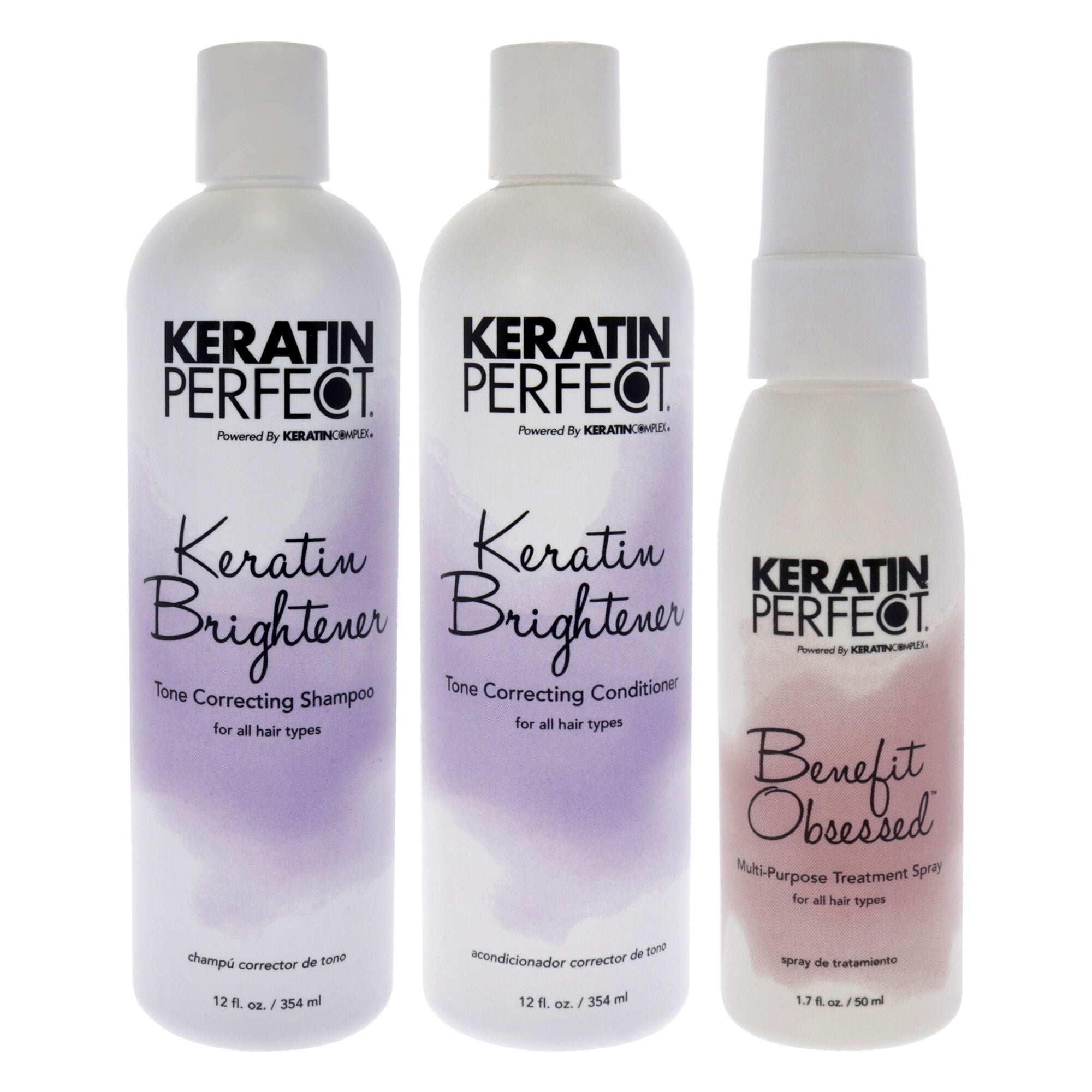 Keratin Brightener Kit by Keratin Perfect for Unisex - 3 Pc 12 oz Shampoo, 12oz Conditioner, 1.7oz Benefit Obsessed Treatment, See Description, hi-res image number 0