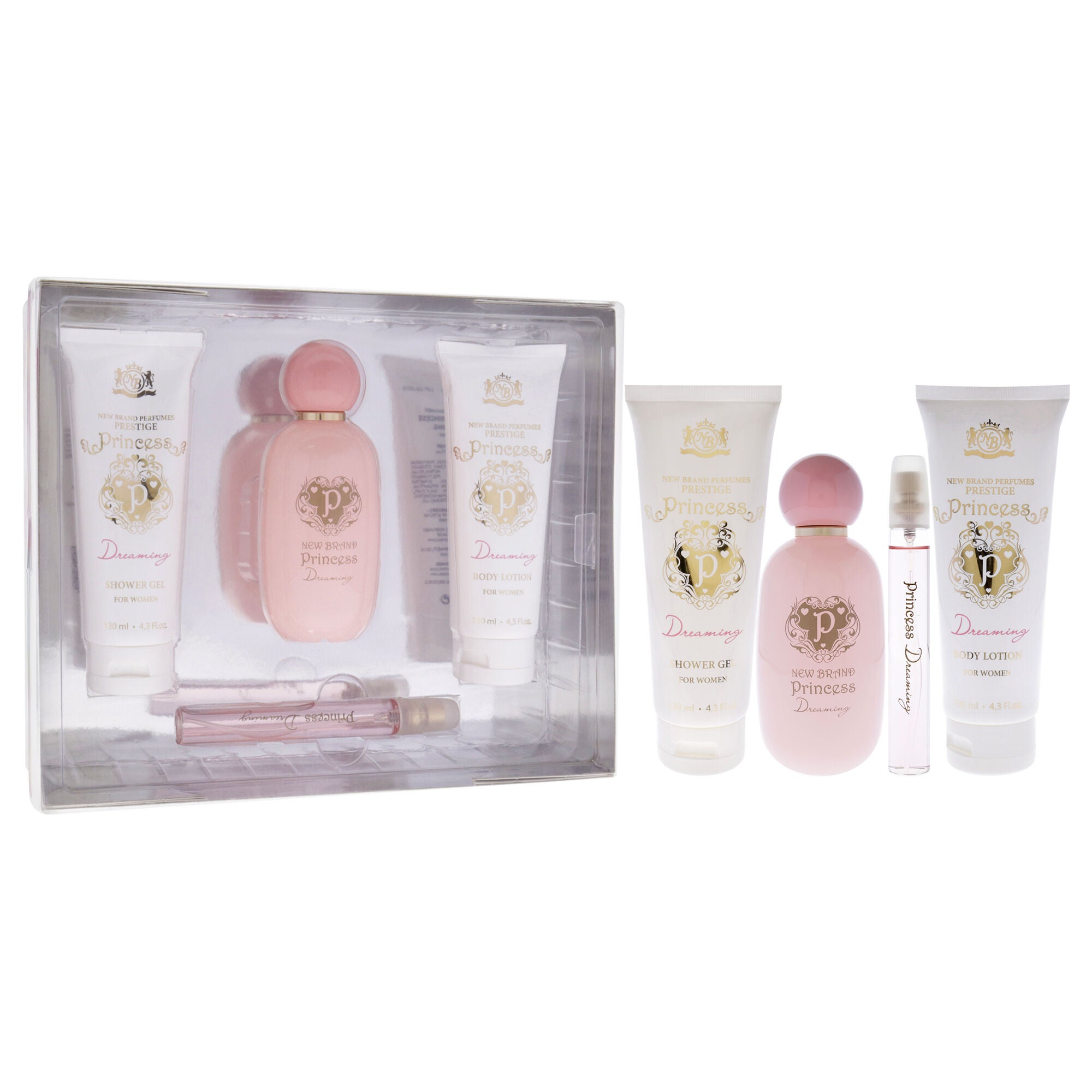 Prestige Princess Dreaming by New Brand for Women - 4 Pc Gift Set 3.3oz EDP Spray, 0.5oz EDP Spray, 4.3oz Shower Gel, 4.3oz Body Lotion, Clear, alternate image number 2