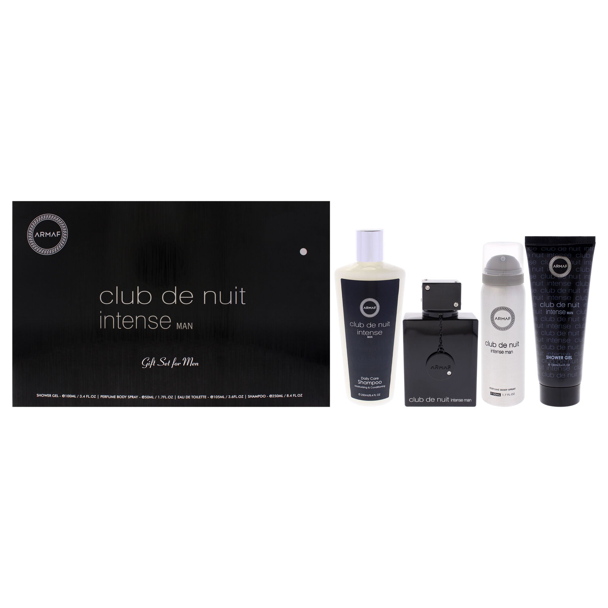 Club De Nuit Intense by Armaf for Men - 4 Pc Gift Set 3.6oz EDT Spray, 1.7oz Body Spray, 3.4oz Shower Gel, 8.4oz Shampoo, Clear, hi-res image number 0