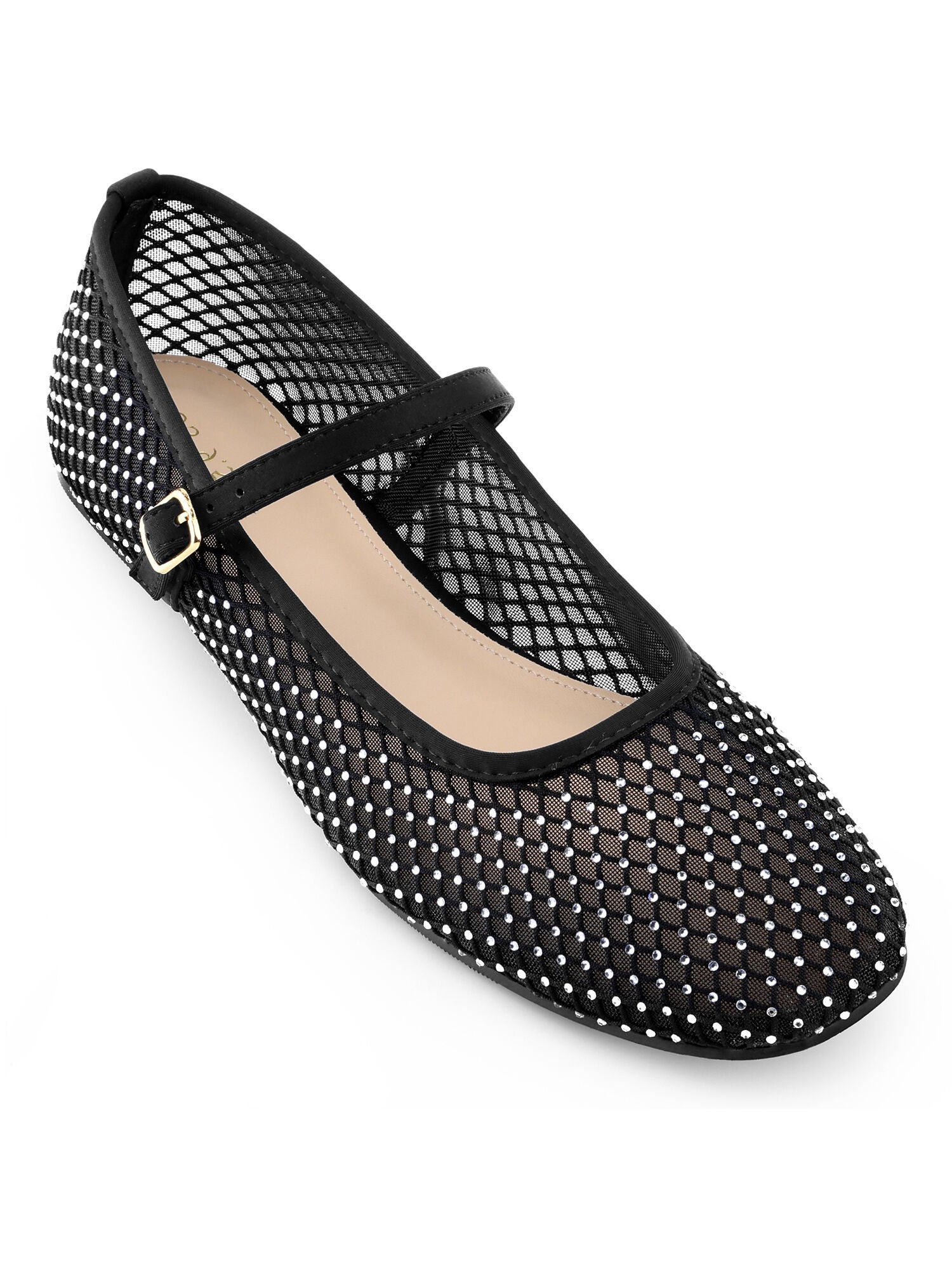 Rhinestone Mesh Flats Buckle Strap slip on Ballet Flat