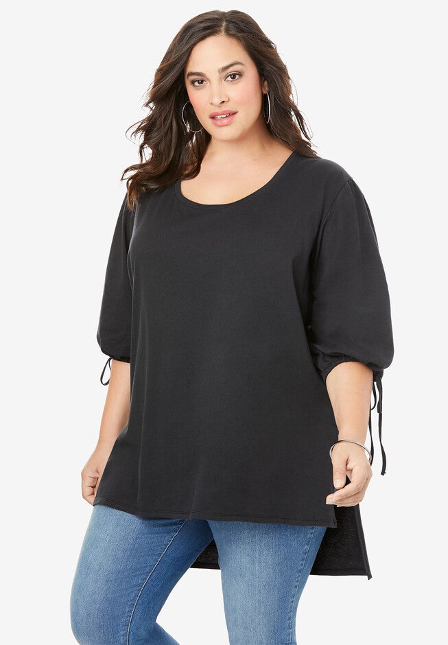 Tie-Sleeve Ultimate Tunic with High-Low Hem, BLACK, hi-res image number 0
